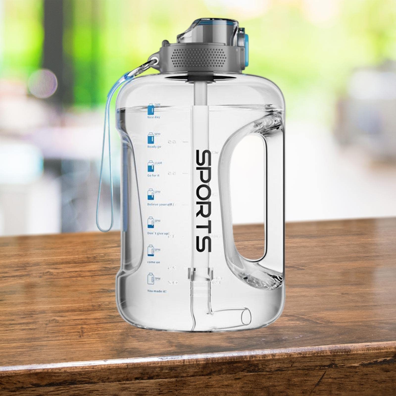 Wasserflasche mit Strohhalm, Großem Fassungsvermögen, Tragegurt, Auslaufsicher, mit Tragegriff – Ideal Zum Radfahren, Laufen Und Wandern, klar 2500ml