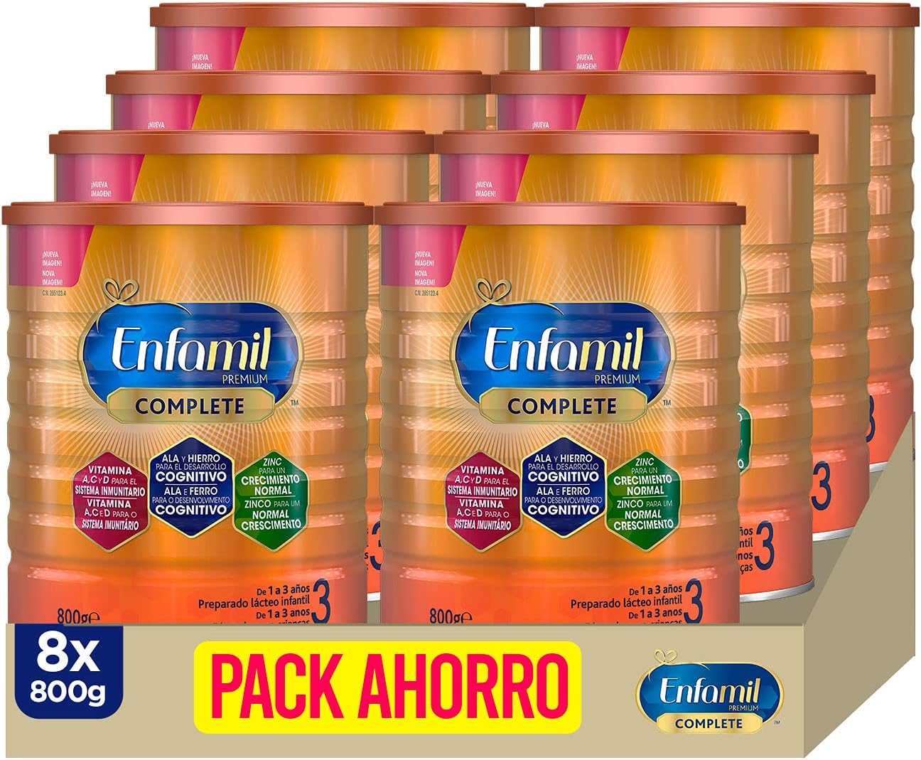 Enfamil Premium Complete 3 - Preparado Lácteo Infantil de Crecimiento Para Lactantes Niños de 1 a 3 años - Pack de 8 latas x 800 gr