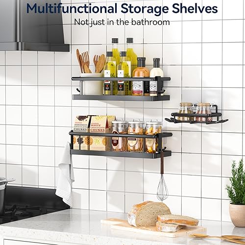 Miniatura 9 de YASONIC Organizador de ducha adhesivo sin taladro, con ganchos extraíbles y soporte para jabón, estantes de ducha a prueba de óxido, soporte de