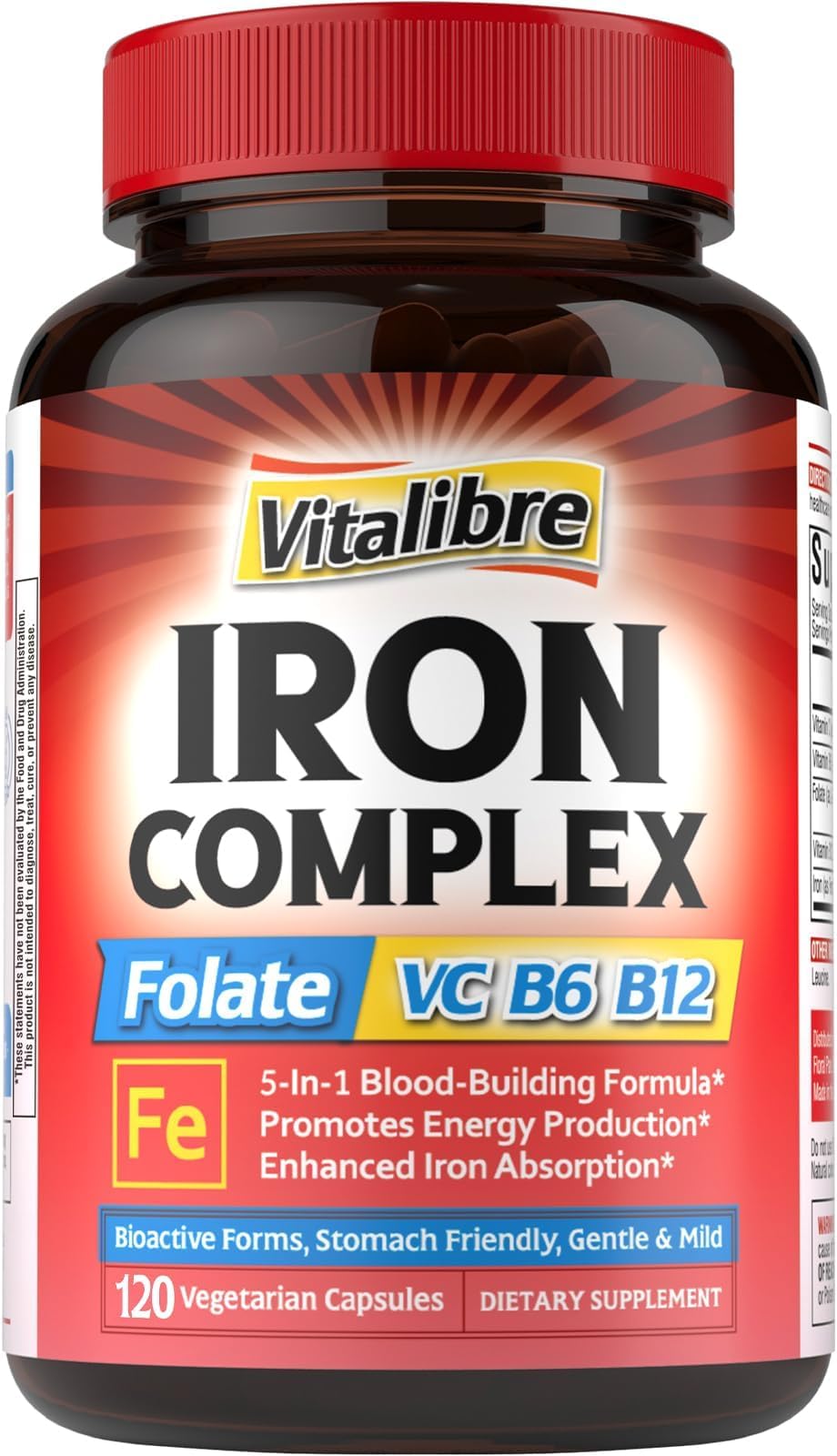 Iron Supplement for Women & Men, with Vitamins C, B6, B12 & Folate for Iron Deficiency, Blood Building & Energy Support, Stomach Friendly, Better Absorption, Non-GMO,No Gluten,120 Vegan Caps