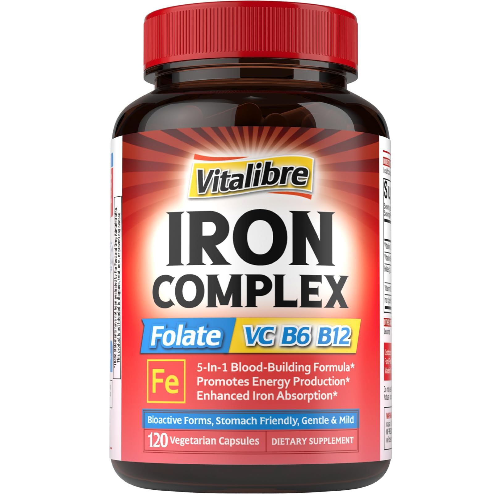 Iron Supplement for Women & Men, with Vitamins C, B6, B12 & Folate for Iron Deficiency, Blood Building & Energy Support, Stomach Friendly, Better Absorption, Non-GMO,No Gluten,120 Vegan Caps