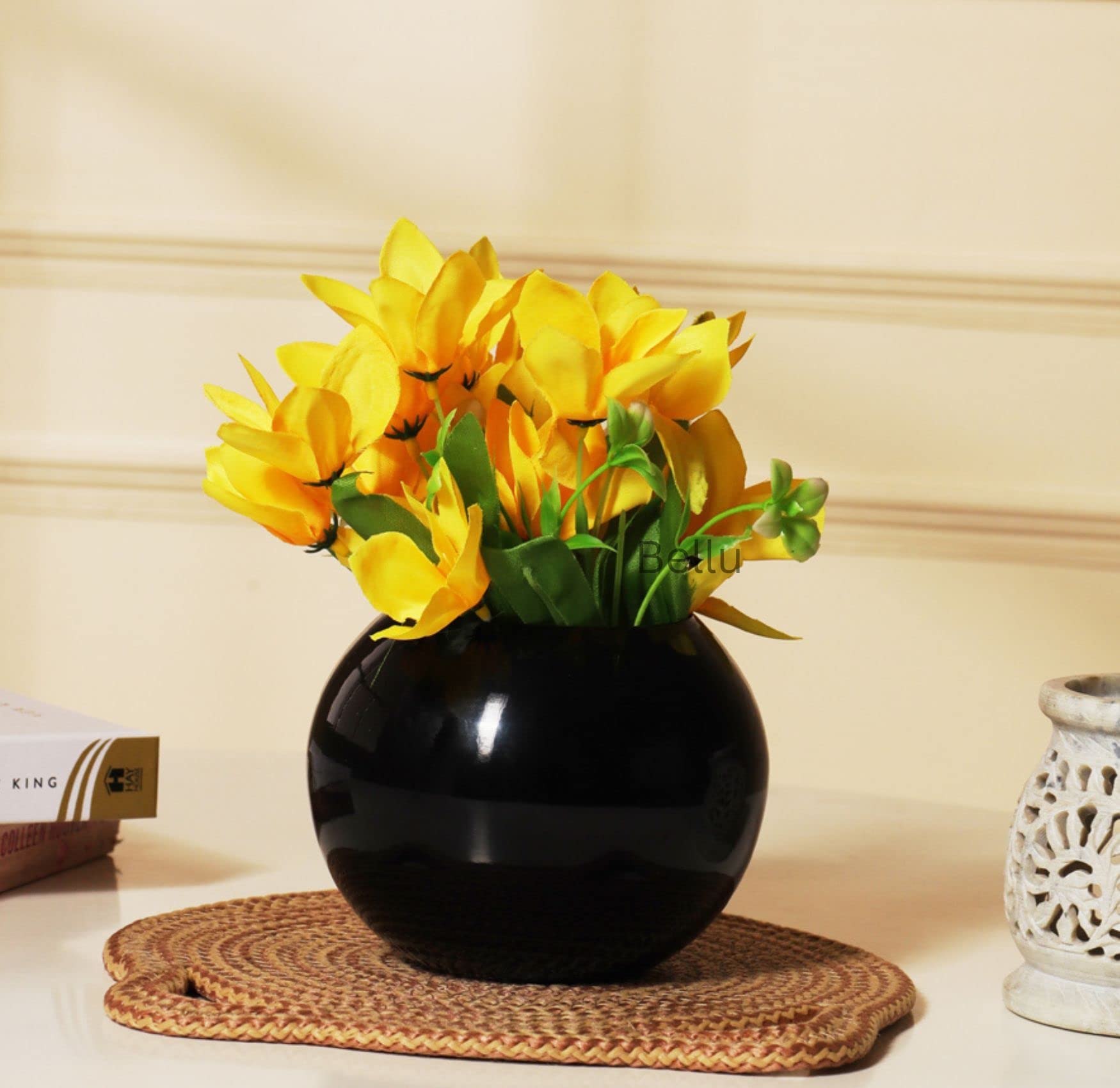 BELLU Fancy Artificial Flowers Bouquet Home Wedding Decoration 'Living Room' Dining Table Decor Vase Bunch Vibrant Colors, Black Bowl Vase and Yellow Lily