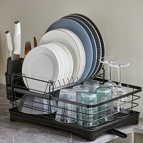 Estante de vajilla de acero inoxidable de doble capa con drenaje que ahorra espacio, estante de vajilla duradero desmontable (negro) 16.9 x 12.4 x