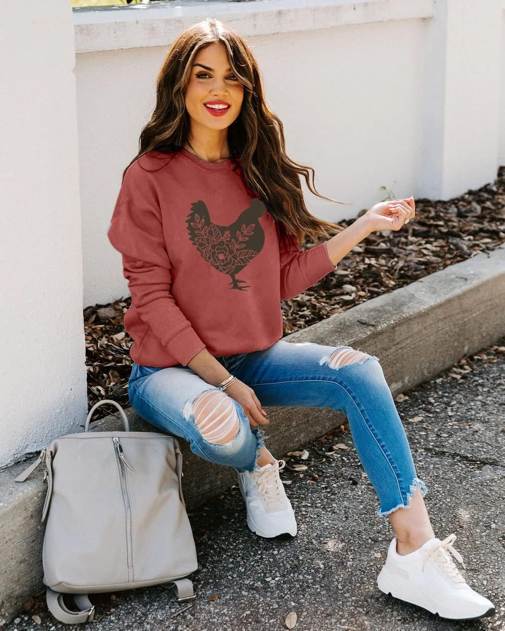 FASHGL Chicken Sweatshirt for Womens Funny Chicken Mom Long Sleeve Shirts Cute Farm Crewneck Pullover Tops - Image 3