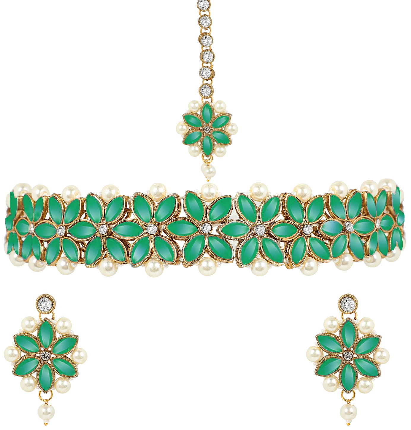 MAAYERI Womens Kundan Floral and Pearl Choker Design Earrings and Maangtika (Dark Green) (B09T3K5NV1) Amazon Price History, Amazon Price Tracker