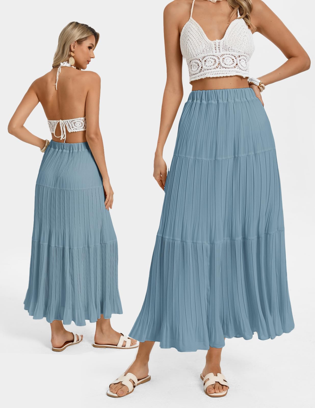 Kate Kasin Donna A-Line Increspature Maxi Gonna Elastico A Vita Alta Gonne Leggero Chiffon Fluente Primavera Estate Sci Vestito