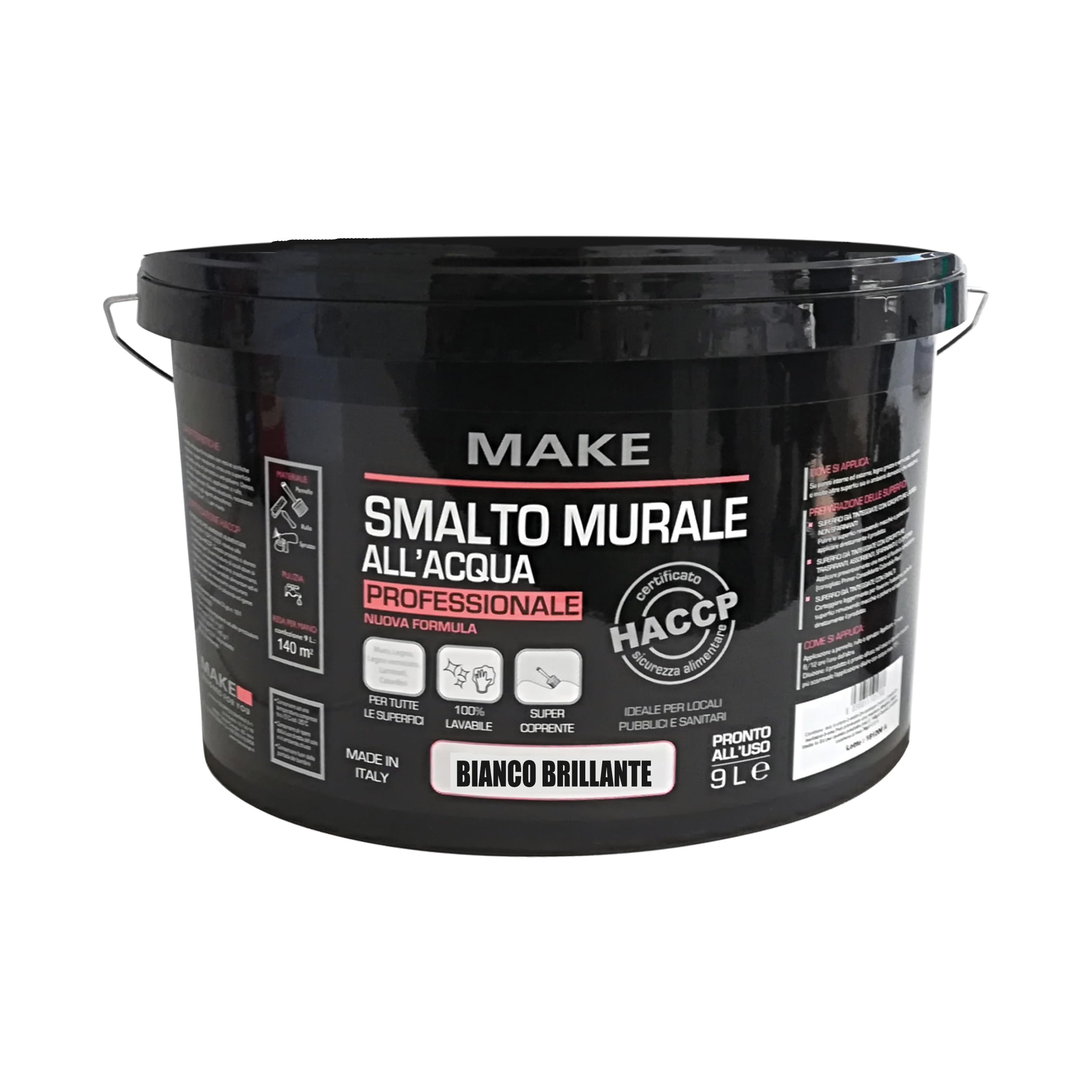 MAKE DESIGN FOR YOU | Smalto Murale Super Resistente, 9 litri, Bianco Lucido, Base Acqua. Crea una Superficie Compatta, Priva di Porosità e Anti-Polvere. Prodotto Certificato HACCP, Made in Italy.