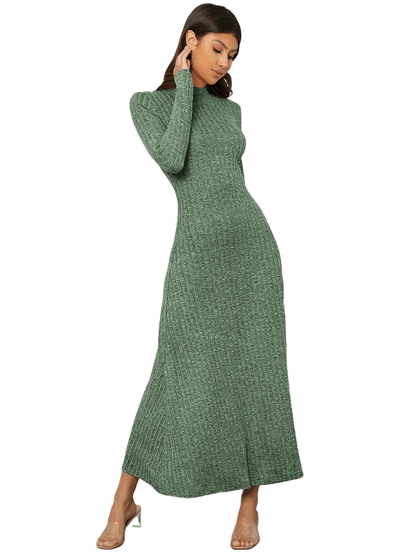 Photo 1 of SOLY HUX Women's Mock Neck Long Sleeve Flared A Line Midi Dress Solid High Waist Swing Flowy Long Dresses X-Large Pure Mint Green