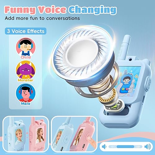 Miniatura 5 de Walkie Talkies de video para niños, paquete de 2 con cambiador de voz, rango de 1000 pies, juguetes divertidos para jugar en interiores, campamento,