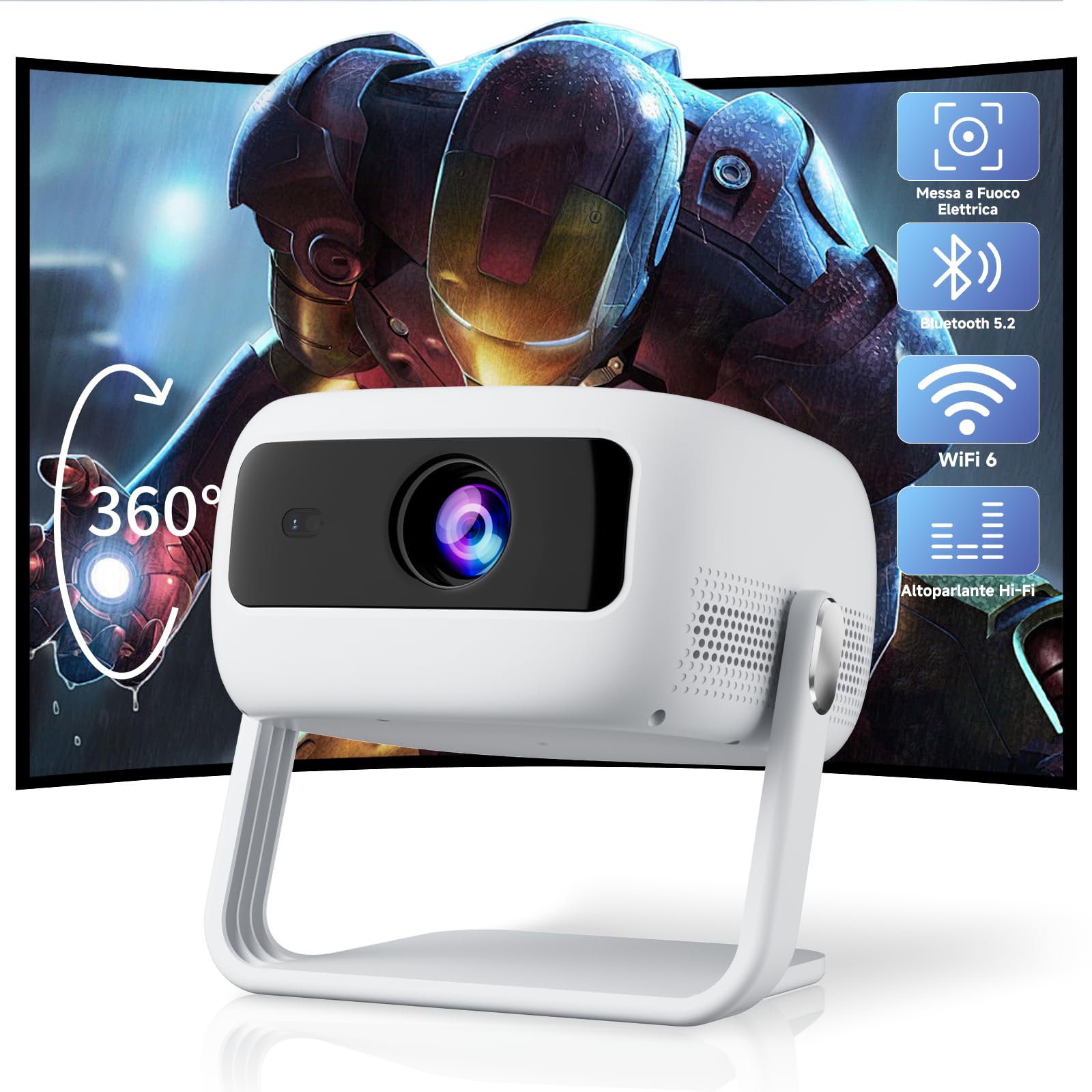 VISULAPEX Proiettore Portatile 1080P Full HD Supporta, 360° Rotabile Mini Proiettore WiFi 6 Bluetooth 5.2 Focus Elettrico, 15000L Videoproiettore Compatibile con Smartphone/PC/HDMI/TV Stick/USB