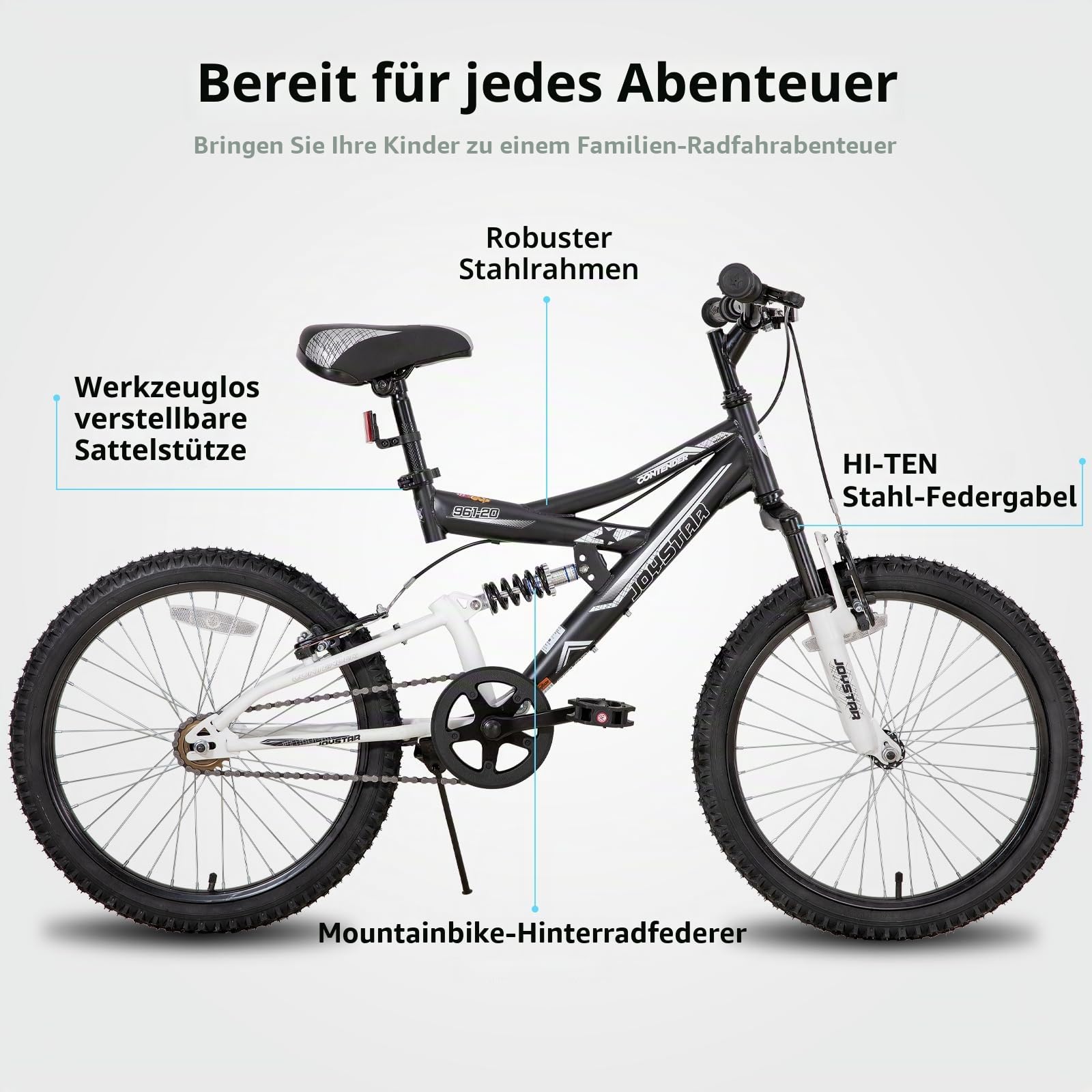 JOYSTAR Contender 20 Zoll Kinder-Mountainbike für Jungen & Mädchen von 7-13 Jahren Kinderfahrrad mit vollgefedertem Stahlrahmen und 1-Gang-Antrieb mit Ständer