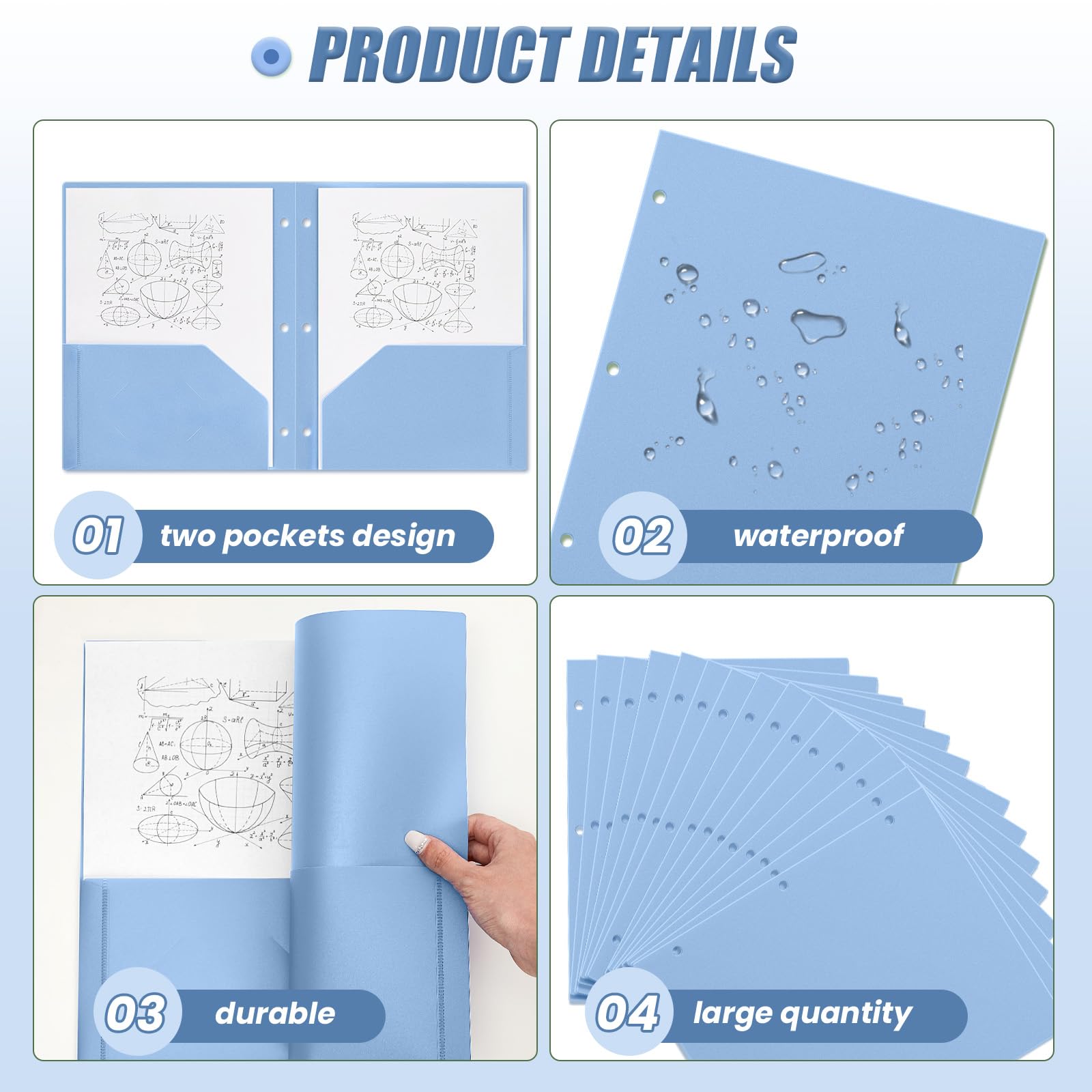 Yeaqee 100 cartelle in plastica con tasche, 3 fori, 2 tasche, per raccoglitori a 3 anelli, divisori per notebook, in poliestere resistente, per ufficio e casa (blu foschia)