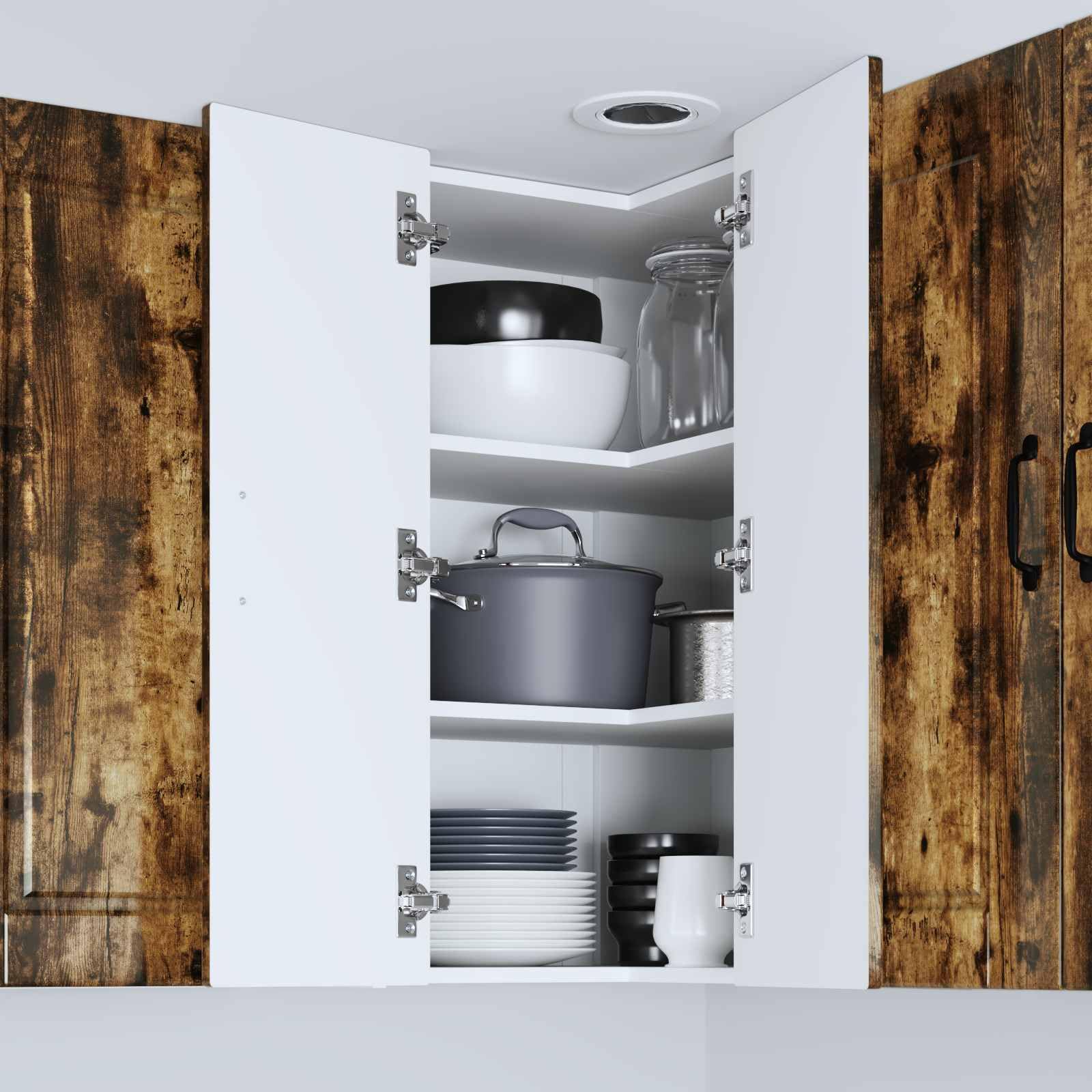 Armario esquinero Porto de pared de roble ahumado, 57 x 57 x 80 cm, 2 puertas, 3 estantes, armario colgante, armario de cocina, armario de almacenamiento