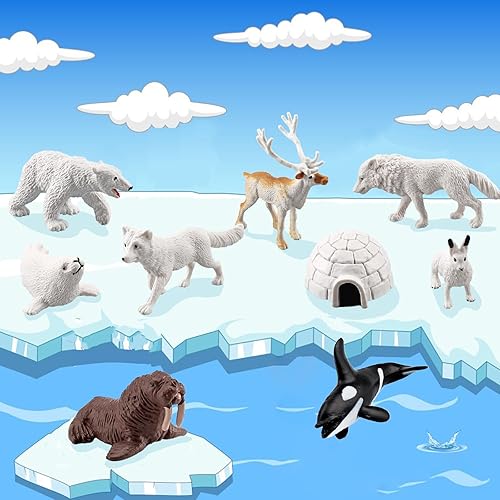 Miniatura 4 de Juego de 18 figuras de animales árticos, figuras realistas de animales árticos con zorro ártico, lobo, oso polar, reno, figuras para niños, juguetes