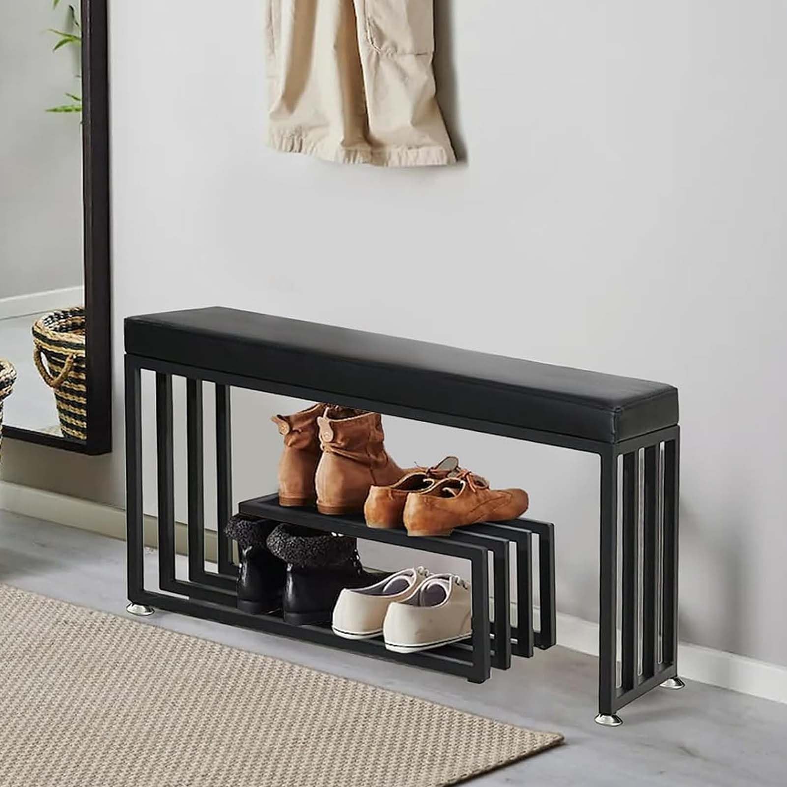 Banc à chaussures en métal à 3 niveaux avec siège coussiné Slish Shoe Sto Solut