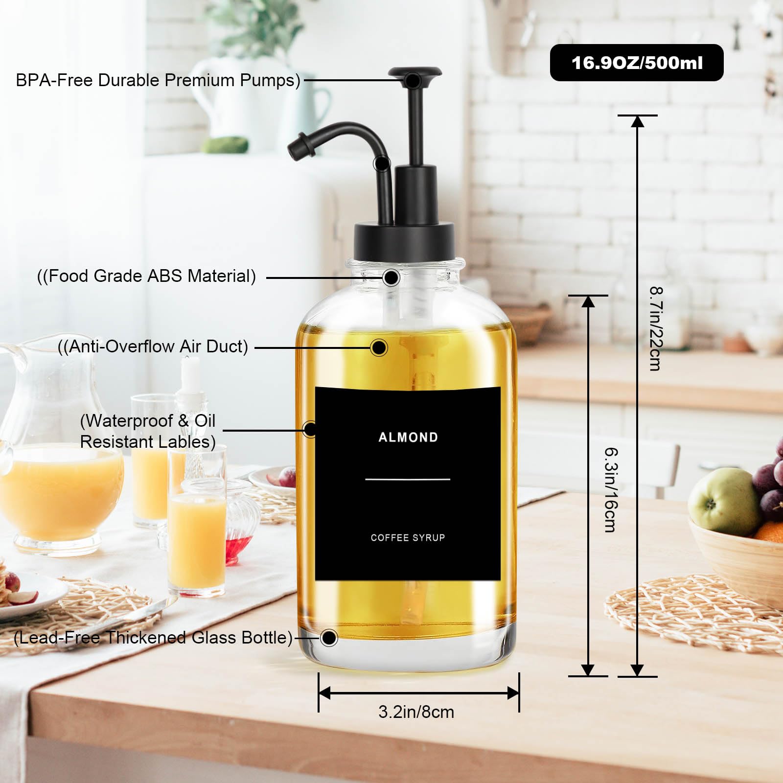 Sunal Kaffee Sirup Spender,Set of 3 Glas Sirup Spender,500ml/16,9 oz Schwarz Honig Pump Flasche mit 36 Wasserdichten Etiketten,1 Tray und 1 Silikon Trichter für Küche Kaffee Bar