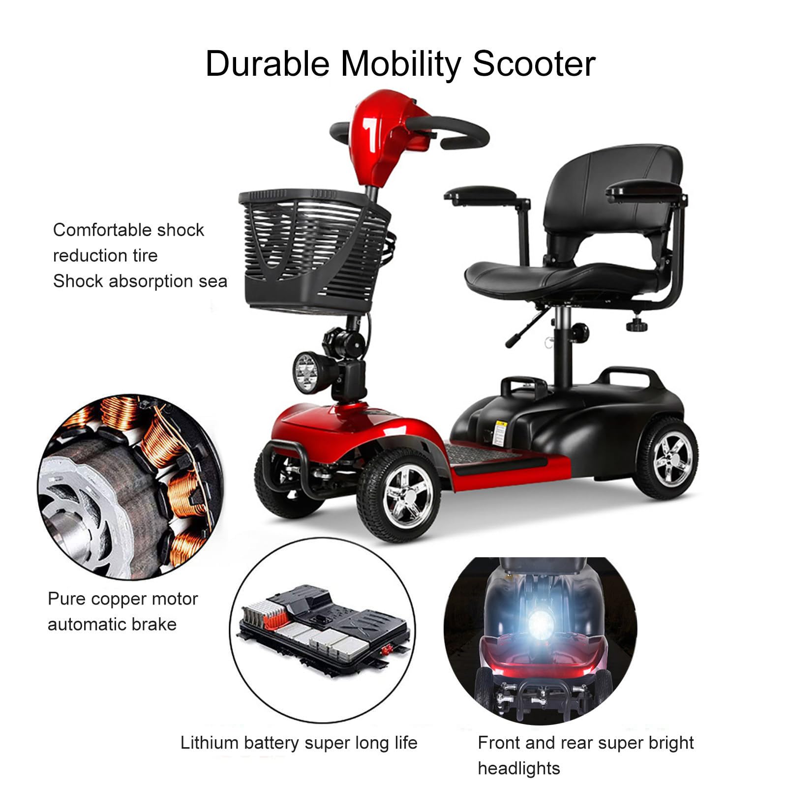 4-kołowy skuter mobilny, 24 V, 30 Ah, dla seniorów, mobilny skuter elektryczny z siedziskiem, Endurance 30 km, lekki, przenośny skuter elektryczny
