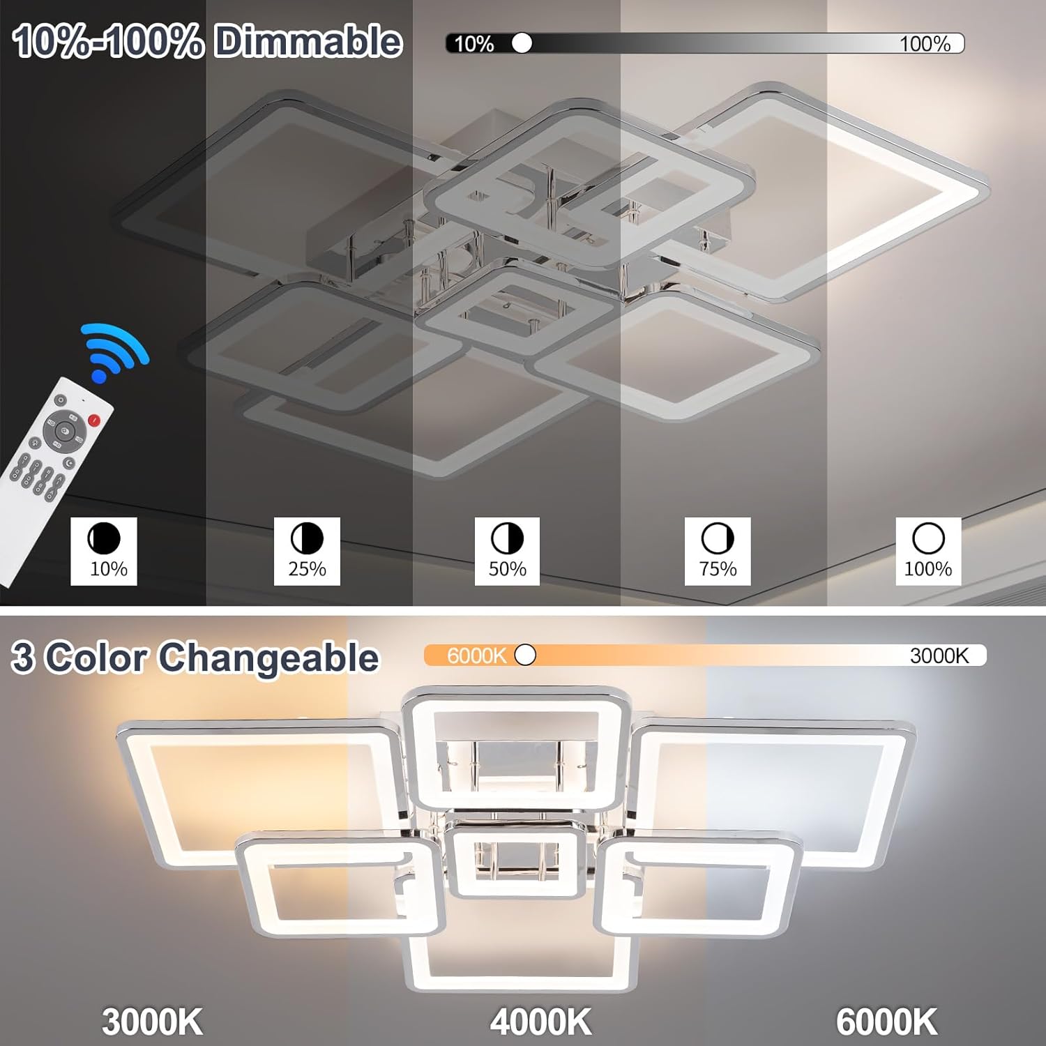 Modern LED Ceiling Light 35.04" Dimmable Chrome Flush Mount Ceiling Light with Remote 7 Rings 90W 3000K-6500K Ceiling Lamp for Living Room,Bedroom,Kitchen