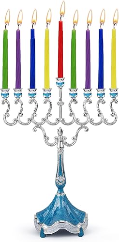 Menorá de Hanukkah chapada en plata con detalles de mármol azul, se adapta a todas las velas estándar de Janucá, menorá moderna de Hannukah para