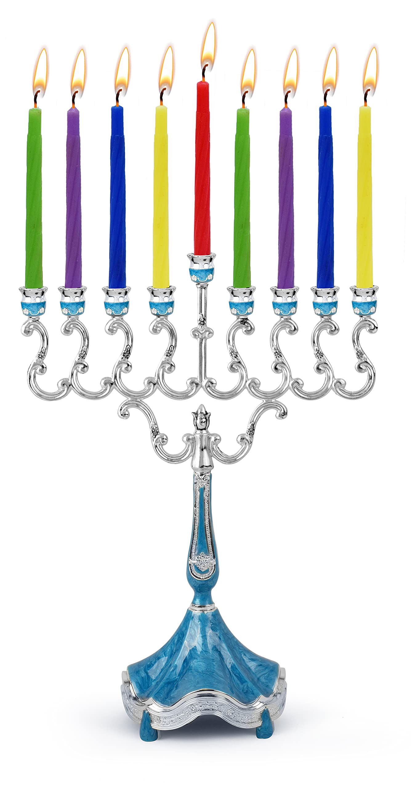 Ner Mitzvah Hanukkah Menorah 9 Branches Blue Marbel Accents 22cm Chanukah Jewish
