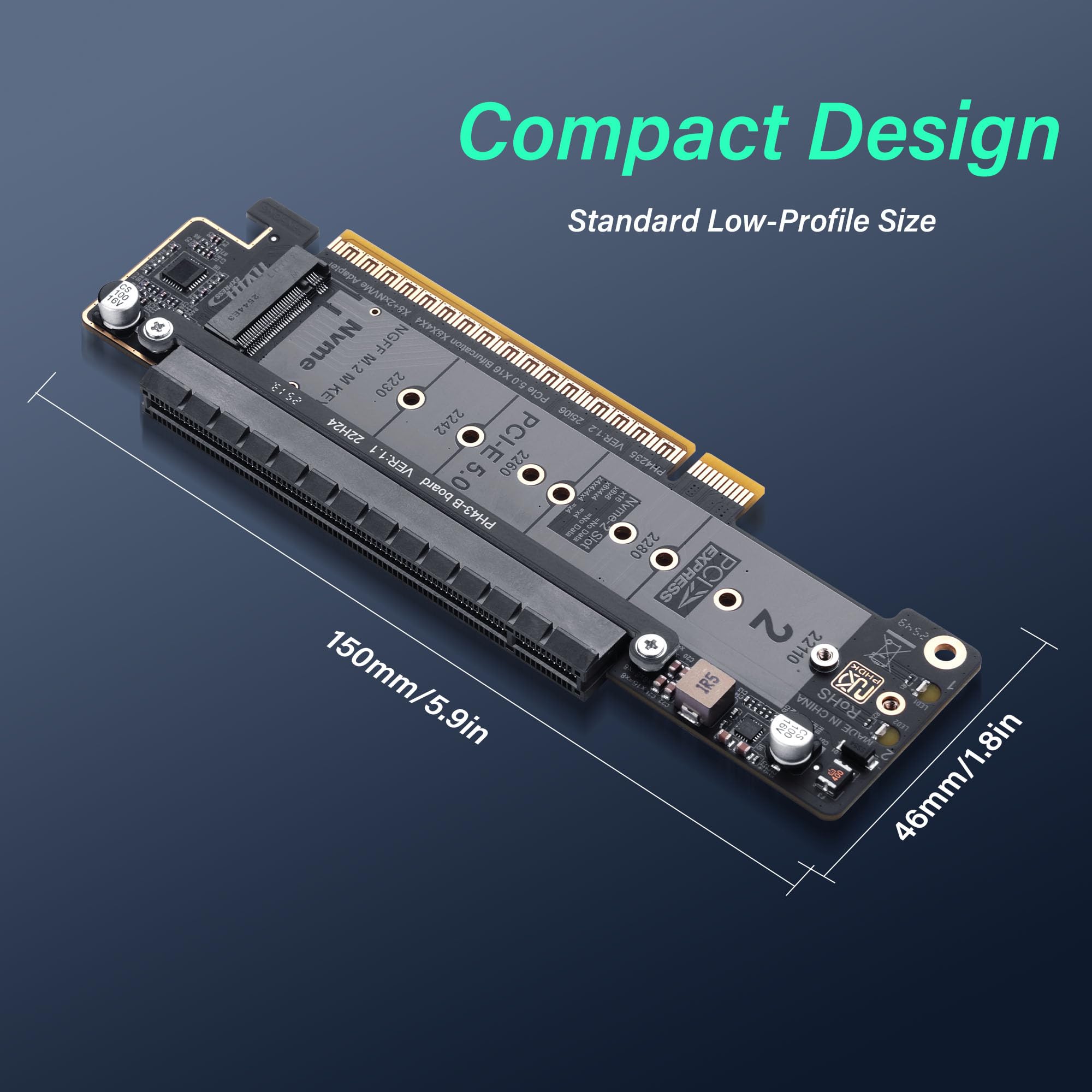 SinLoon PCIe 5.0 X16 karta rozszerzająca, karta PCIe Bifurcation Riser, dzieli slot X16 na X8+X4+X4, obsługuje NVMe M.2 SSD i Low-Profile GPU, kompatybilna z dyskami 22110/2280, z diodami LED do C
