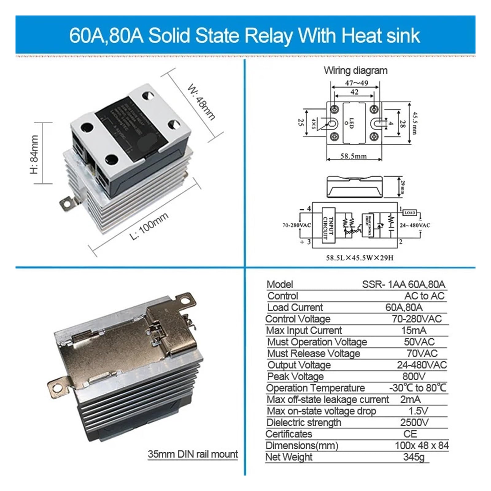 Relé de estado sólido AC a AC 10A 25A 40A 60A 80A 100A 120A SSR con disipador de calor, relé industrial de montaje en Riel DIN (Size : AC-AC 80A)