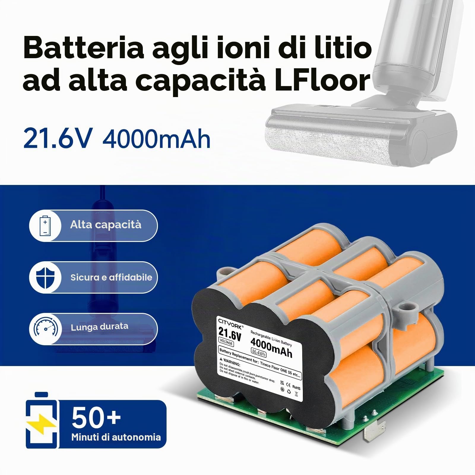 CITYORK Batteria di ricambio 21.6V 4000mAh compatibile con Tineco Floor ONE S5/S5 PRO 2/Floor ONE S5 Smart/S5 Steam Cordless Vacuum Cleaner