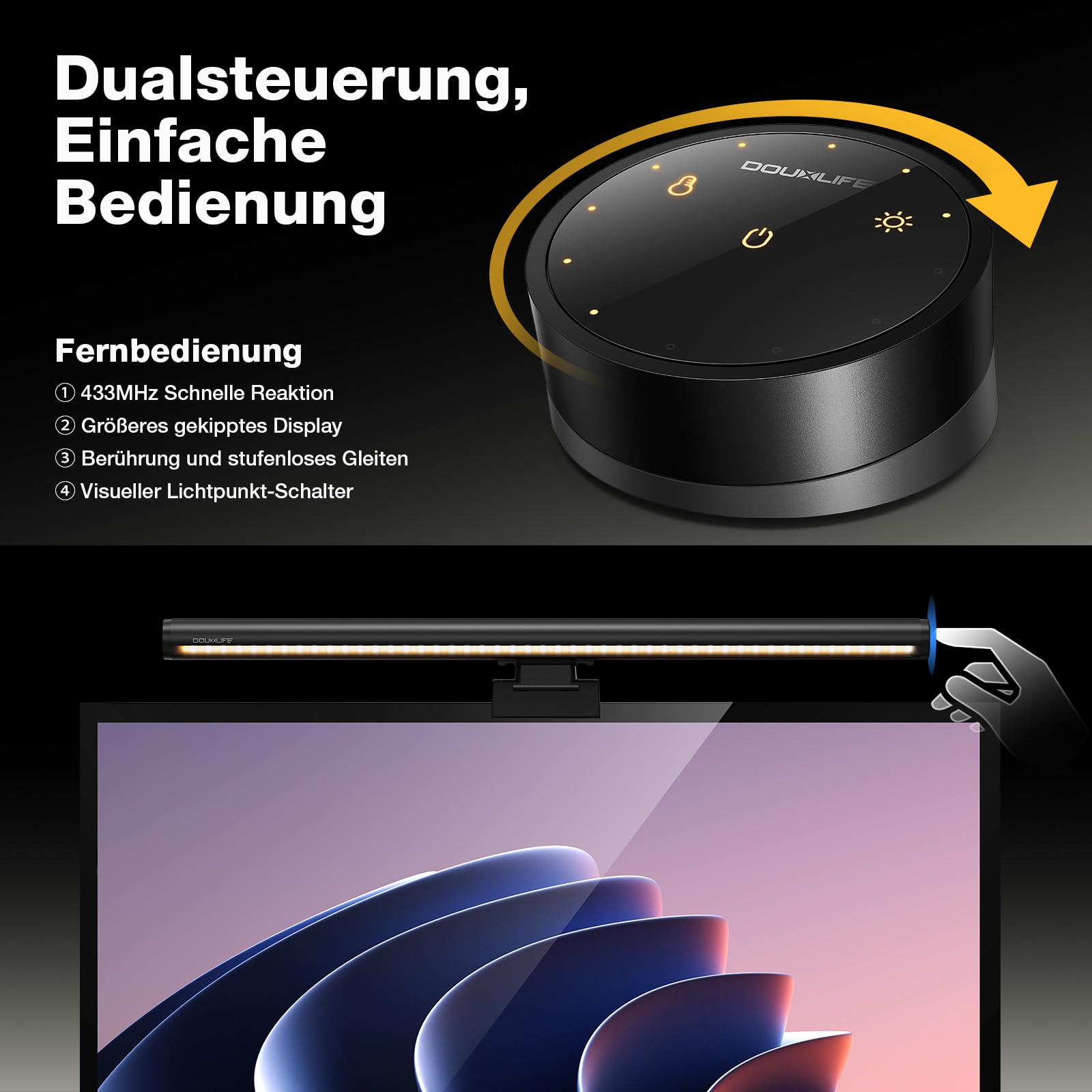 Douxlife LED Computer Monitor Light Bar Screenbar mit Touch Control und Fernbedienung, USB aufladen Büro bildschirm lampe, Stufenlos Dimmbare Helligkeit & Farbtemperatur Augenschutz für PC Schwarz