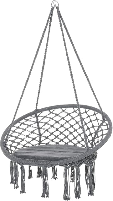 Outsunny Cotton-Polyester Blend Macrame Hanging Chair Swing Hammock for Indoor & Outdoor Use with Backrest, Fringe Tassels, Grey
