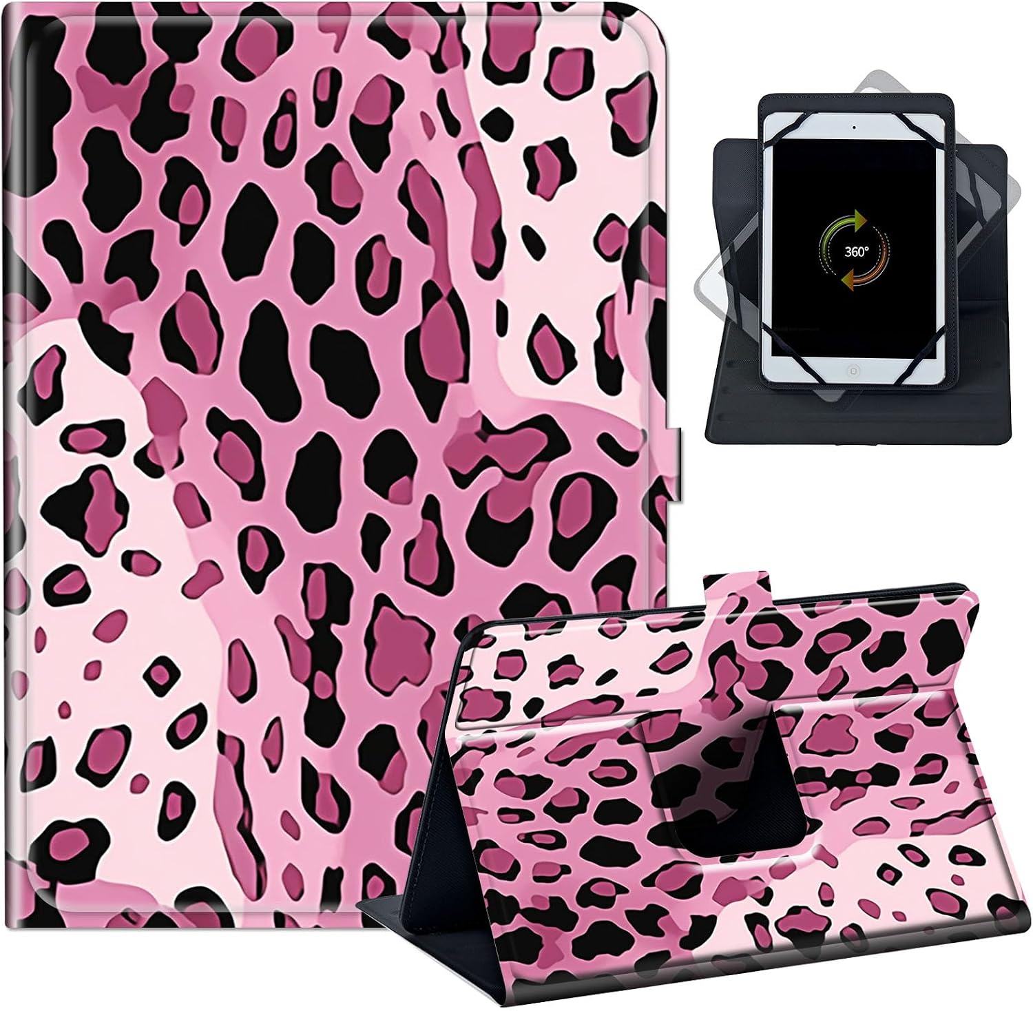 Case for Walmart Onn 10.1 Tablet Gen 3 2022 Model 100071485,PU Leather 360 Degree Rotatable Kickstand Tablet Cover with Magnetic Closure for All 9" - 10.5" Tablet,Leopard Print