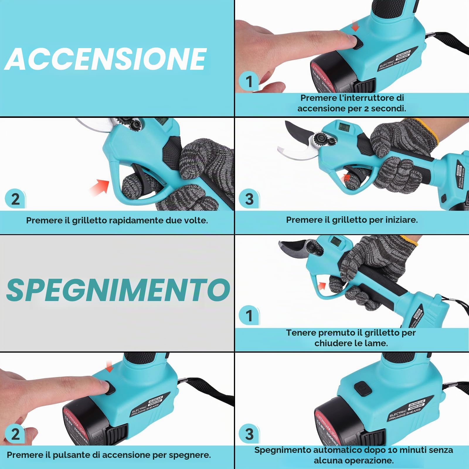 Forbici Potatura a Batteria 35mm 2 Batterie 21V 2.0Ah, Cesoie Elettriche con Motore Brushless, Lame SK5 Rivestite in PTFE per Giardino, Ulivi e Alberi da Frutto Blu
