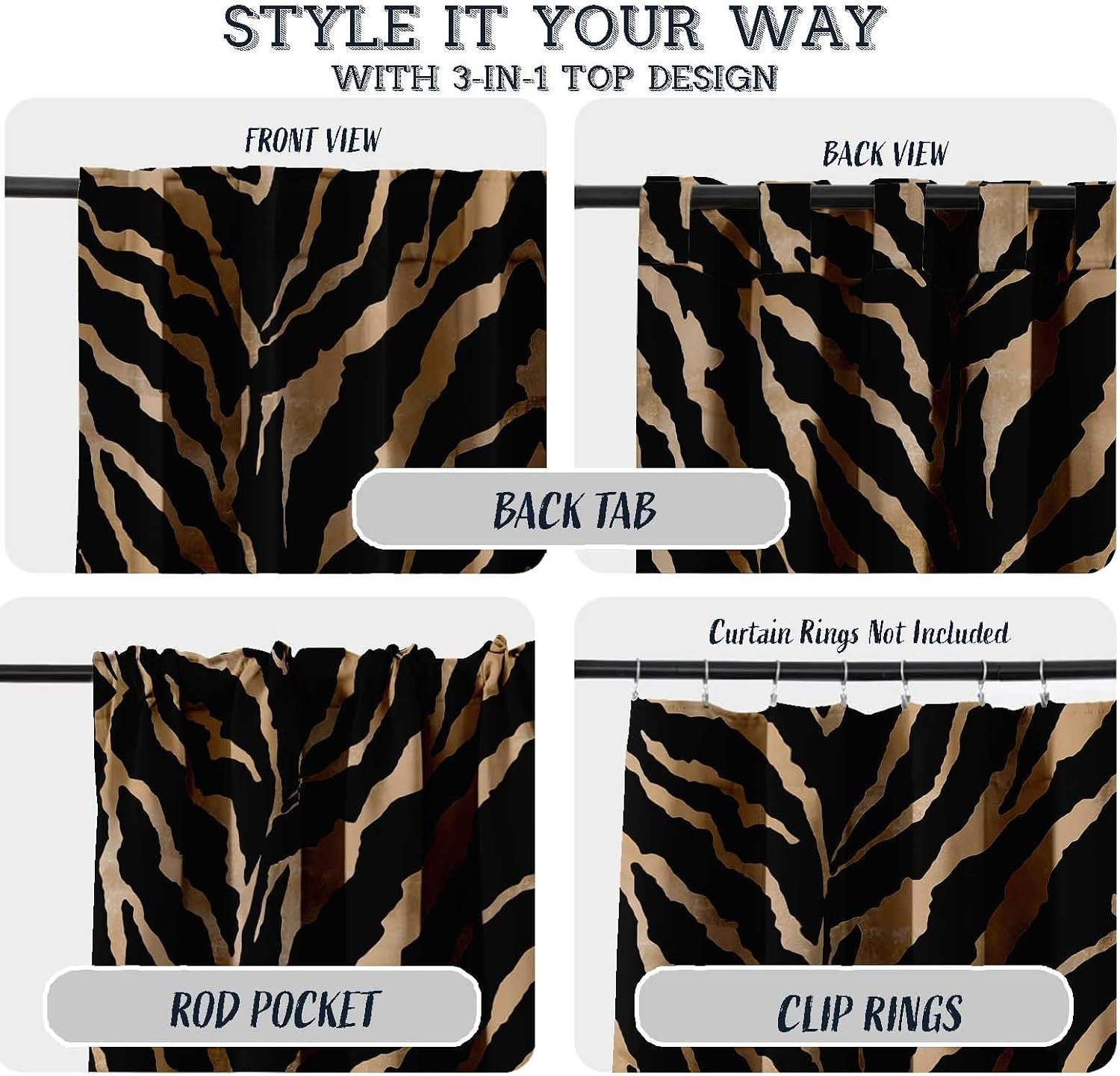 Cotton Curtains for Windows - 3-in-1 Rod Pocket/Back Tab Short Window Drapes - Light Filtering Cotton Canvas Panels - Set of 2, 52"x63" - Animal Skin Print (Black)