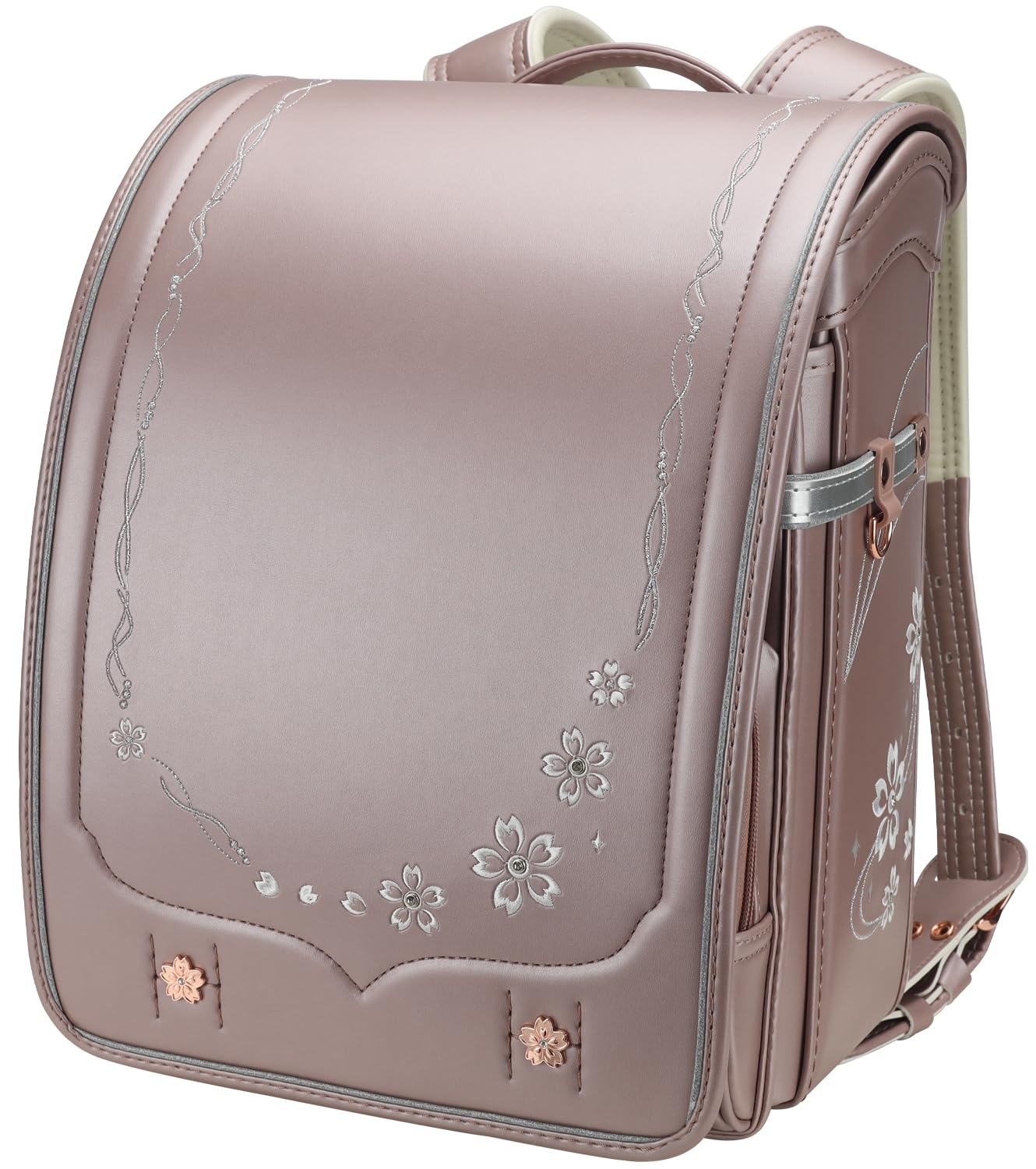 IwaiLoft Ransel Randoseru Backpack Automatic Satchel Japanese School Bag Cherry Blossom Sakura Embroidery PU Bookbag for Girls (Champagne)