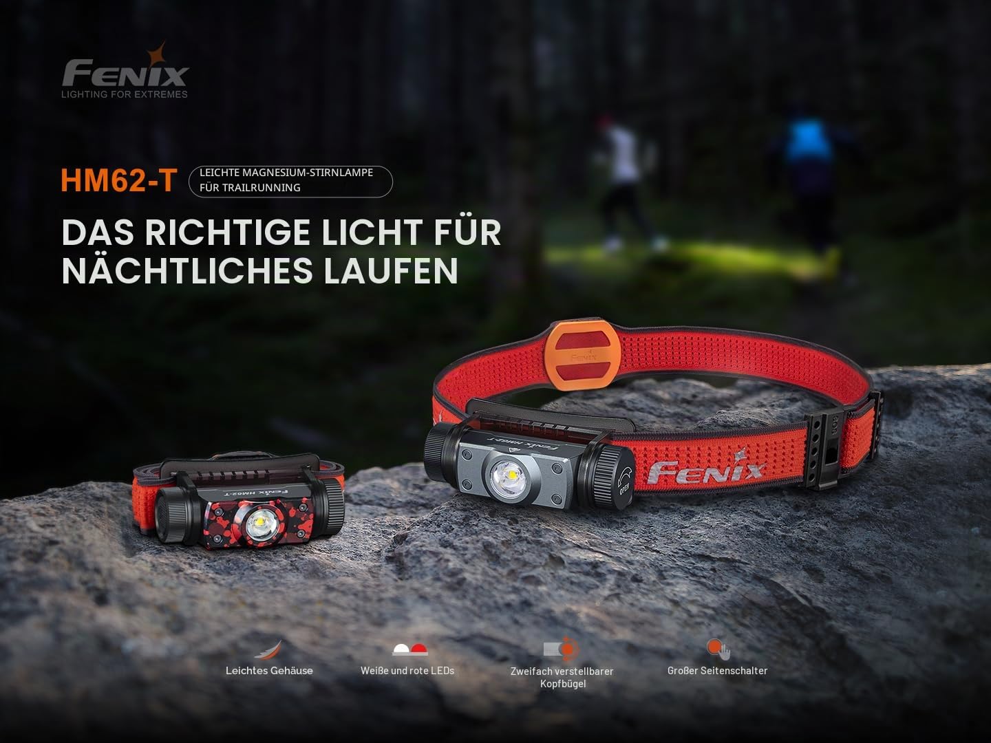 Fenix HM62-T Stirnlampe, leicht, für Trailrunning, Outdoor, Arbeit und professionelle Stirnlampe, 1200 Lumen, 150 m, 280 Stunden max., Sport-Stirnband, 3400 mAh wiederaufladbarer Akku, Rotlichtmodus