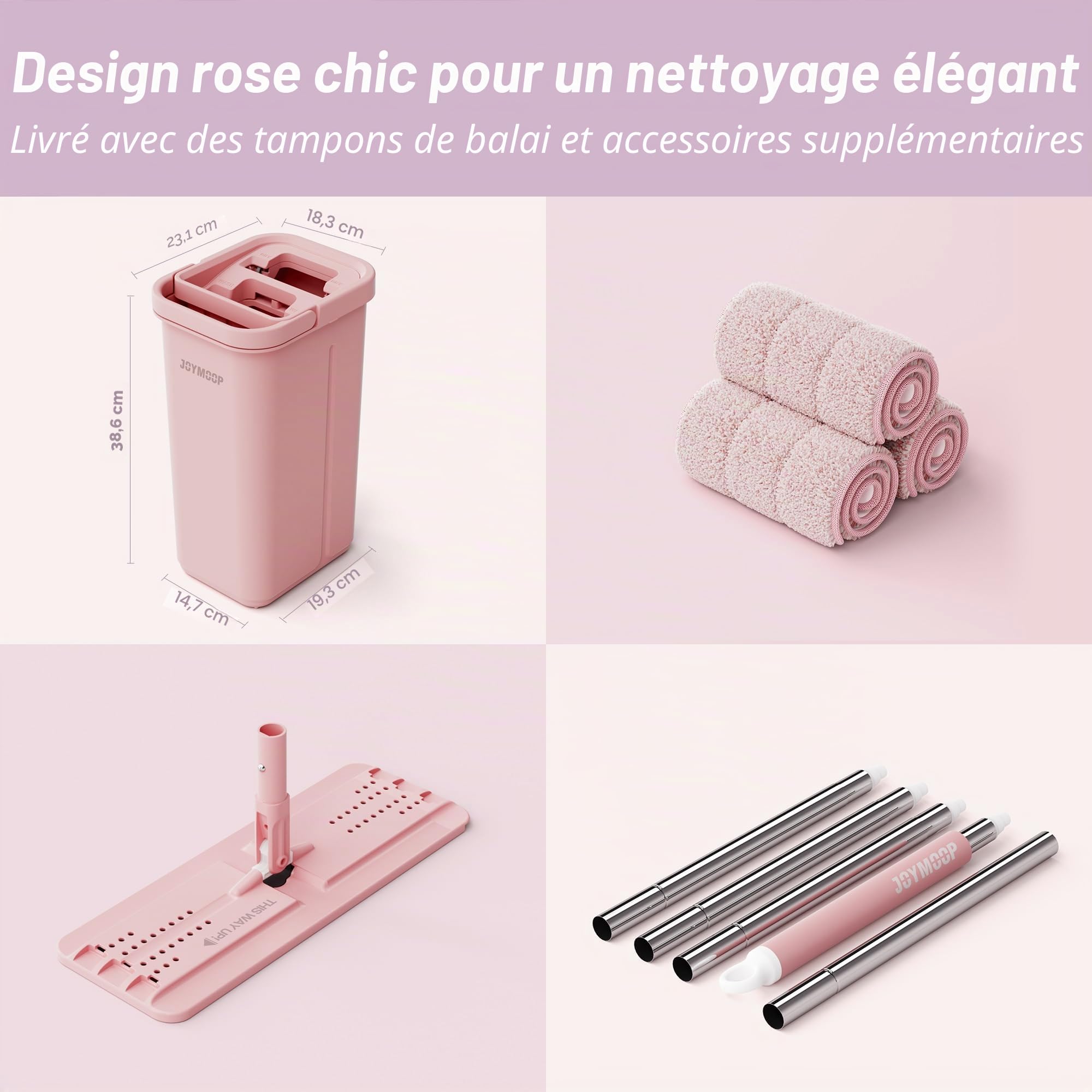 JOYMOOP Serpillère et seau avec essoreuse, balai à main libre, serpillère de 152,4 cm avec 3 tampons microfibre réutilisables