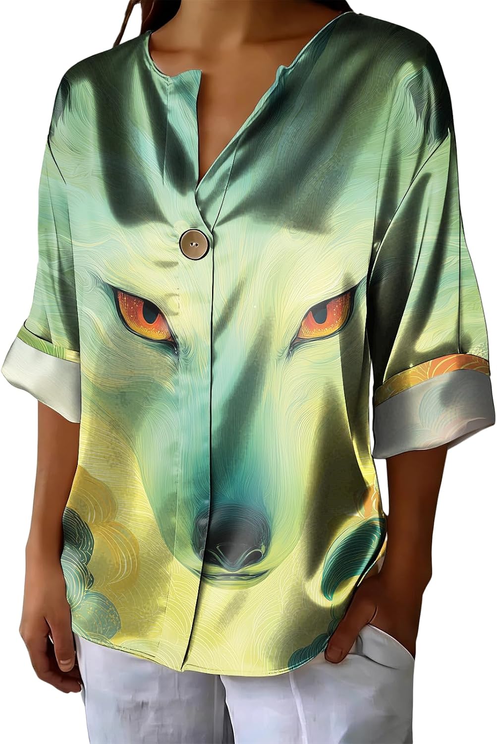 domirica Japanese Print Satin Blouse Women V Neck Rolled Cuff 3/4 Sleeve Lightweight Loose Fit Casual Tunic for Spring