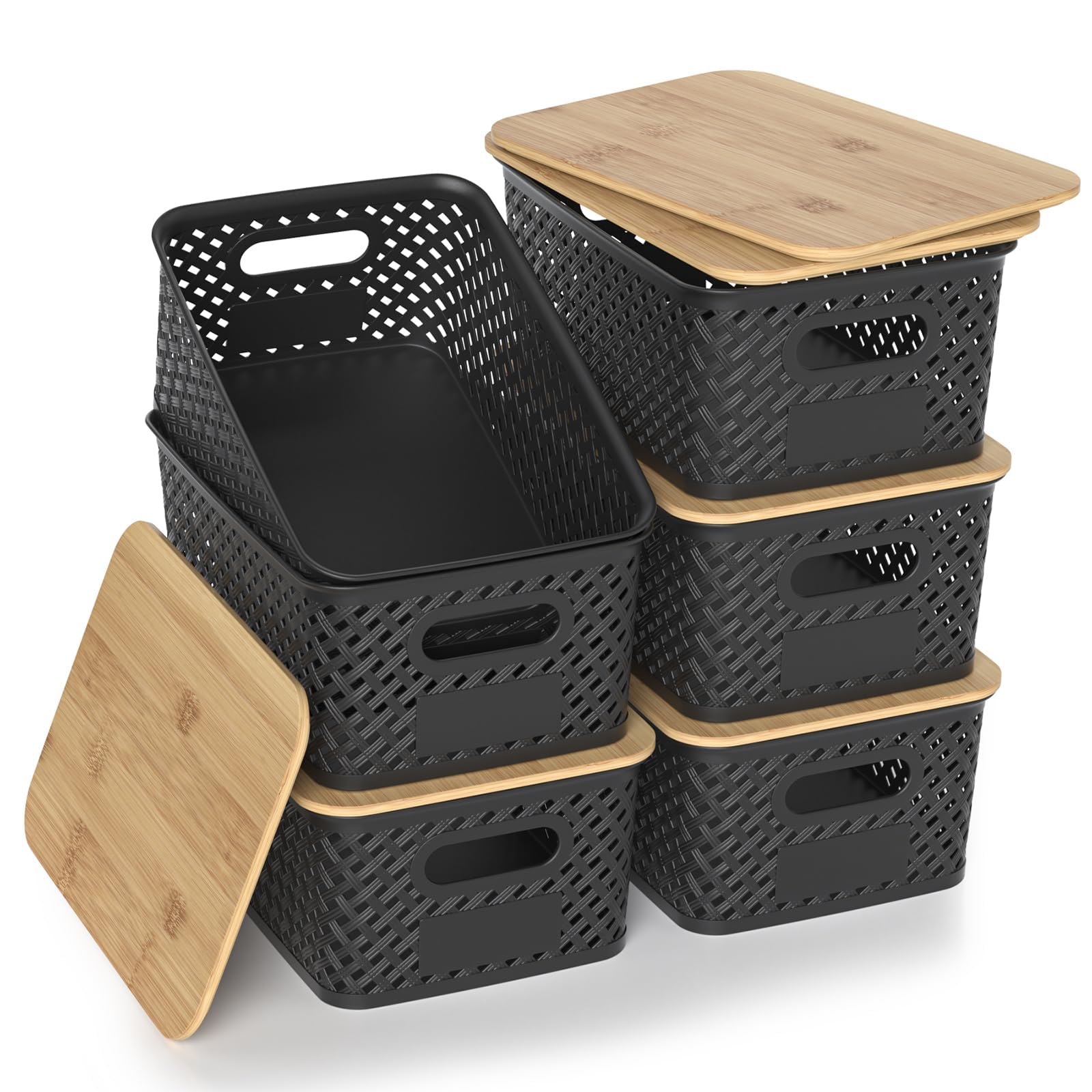 HapiLeap Plastic Storage Baskets With Bamboo Lid, Stackable Plastic Storage Boxes for Organizing Pantry Shelves Drawers Desktop Closet Playroom Classroom Office, 6 Pack (Black)