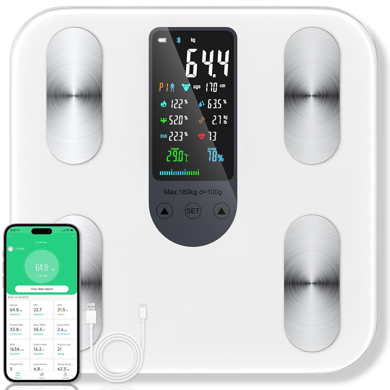 RWSRW Körperfettwaage mit Großem Display, Personenwaage mit Körperfettanalyse, Waage mit Körperfett und Muskelmasse, Bluetooth Waage Personen mit App, Körperwaage Digital mit 22 Messwerten