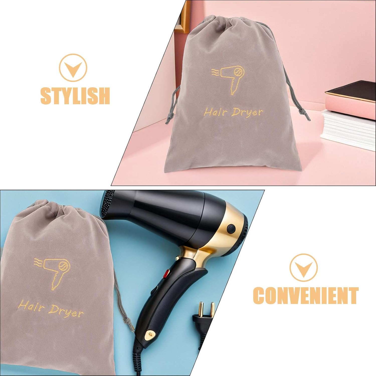 Alipis 2pcs Velvet Cloth Hair Dryer Travel Bag with Drawstring, Large Hair Styling Tools Organizer and Jewelry Storage, Versatile Use for Home and Travel