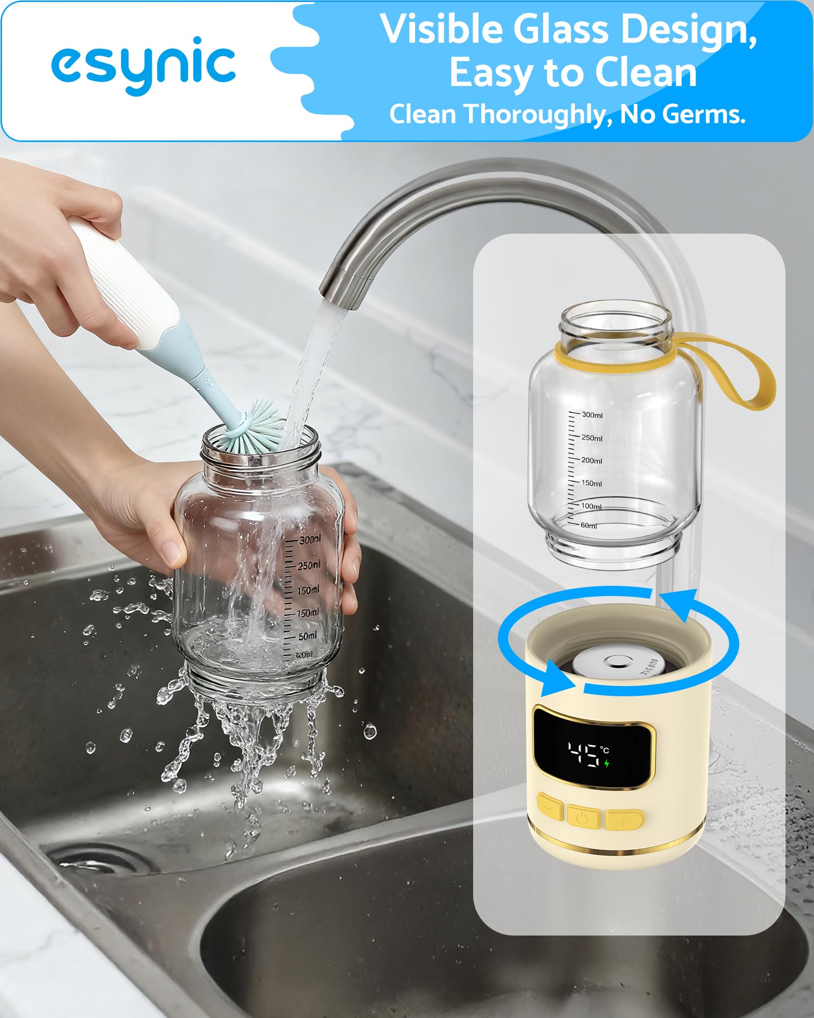 eSynic Chauffe Biberon Portable Capacité 300ml Verre Borosilicaté Graduations Claires Chauffe Biberon Nomade Écran Digital Contrôle de Température 37–55°C Batterie 15000mAh Amovible pour Voyage Sortie
