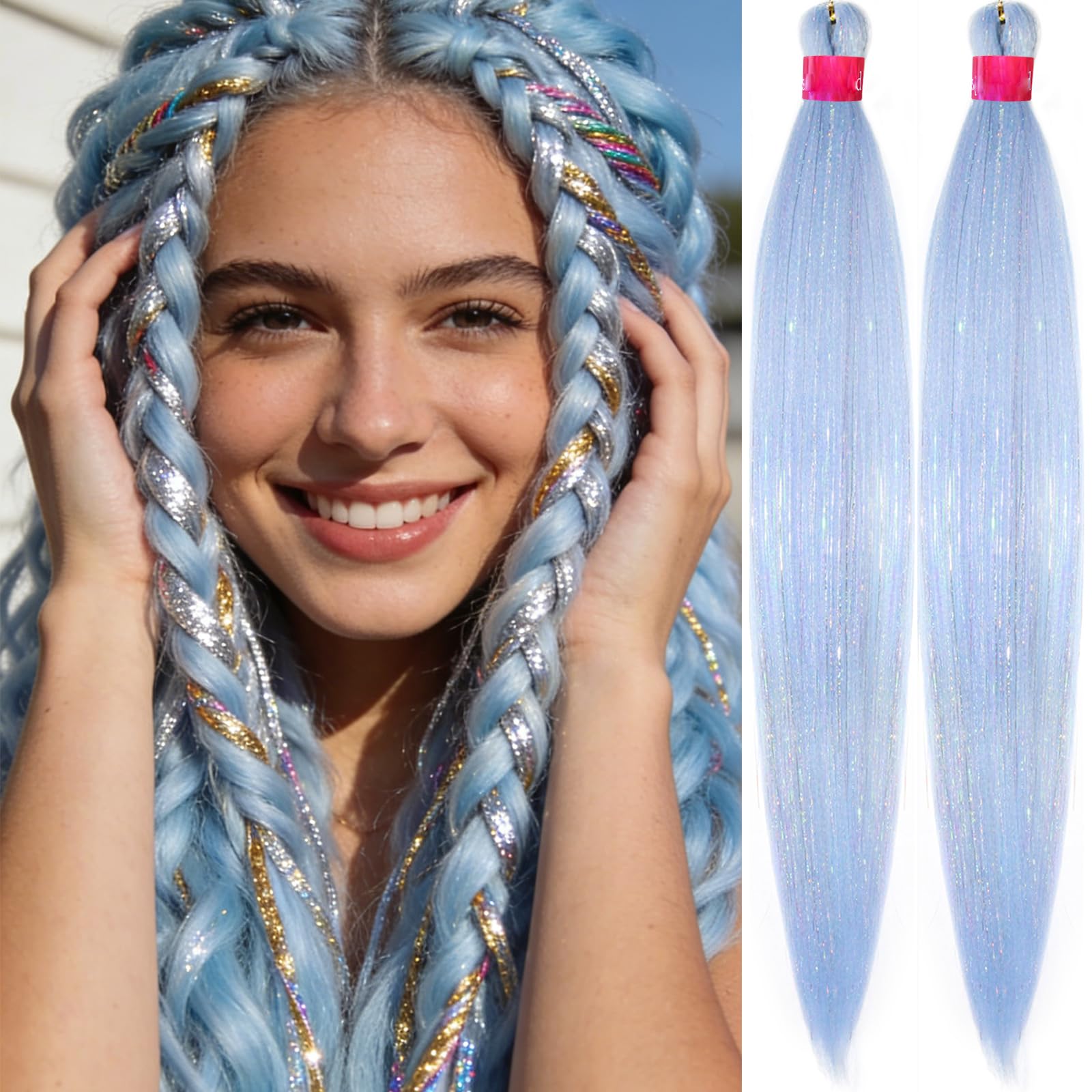 Babyblue Pre Stretched Braiding Hair with Tinsel 30 Inch Box Braids 2 Packs Synthetic Crochet Braid Neat Yaki Texture Hot Water Setting Hair