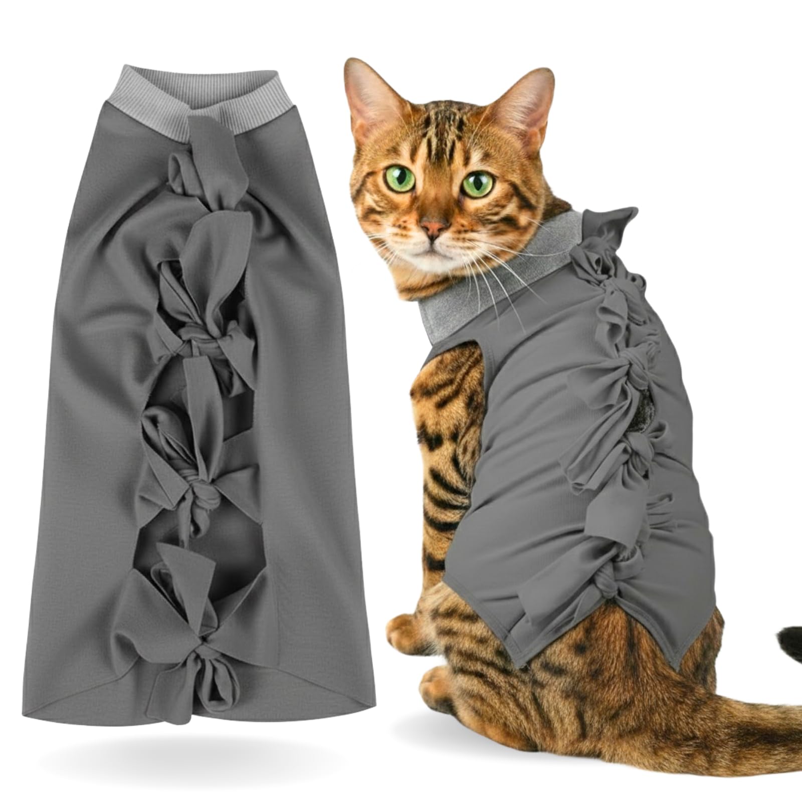 Cat Everyday Clothing, for Post Surgery Recovery, Abdominal Wounds or Skin Diseases | Breathable Cotton (Grey, M)