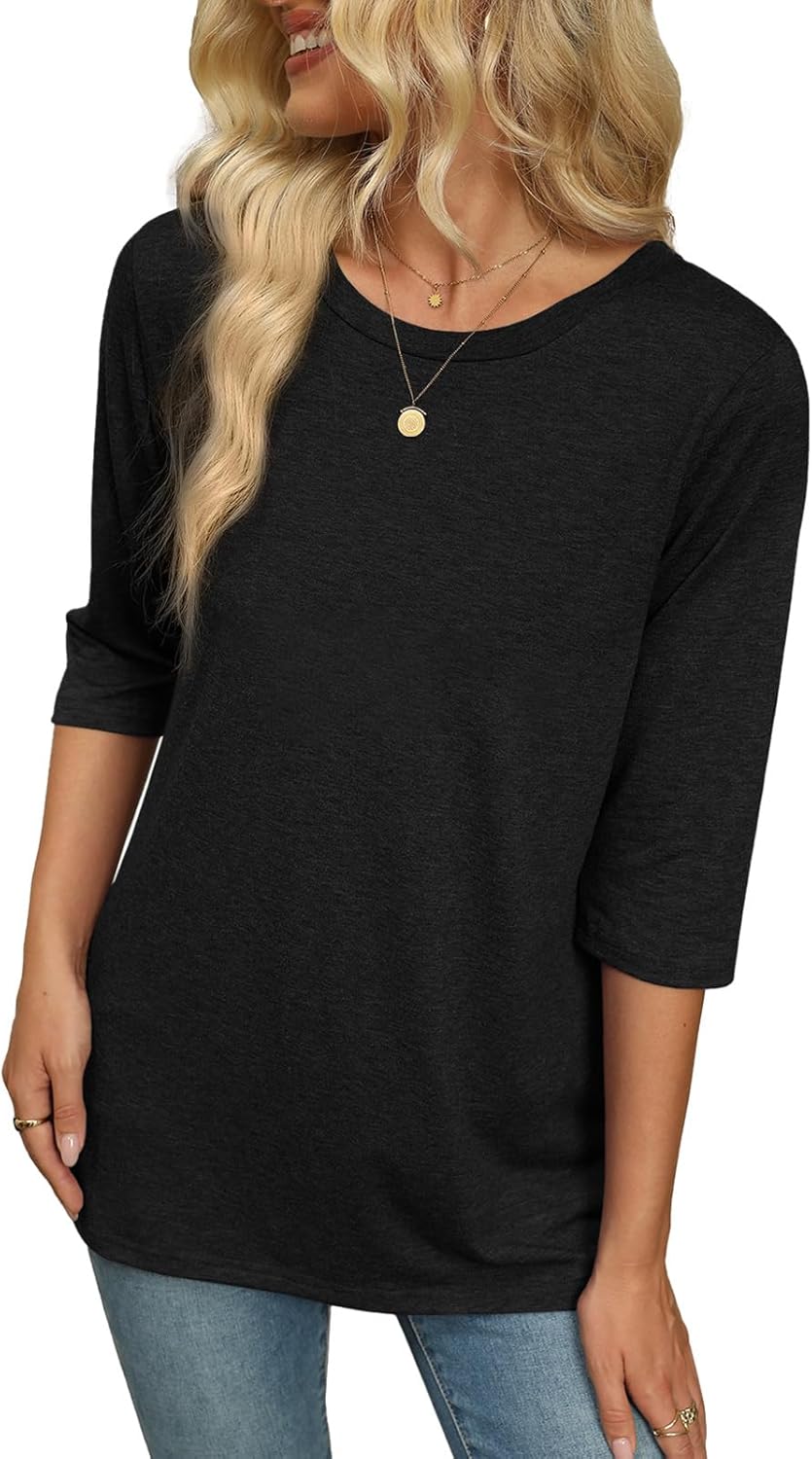 Women's Summer Tops 3/4 Sleeve Round Neck Tshirts Cute Tunic Loose Fit Pullover Blouses & Basic Tees - Image 5