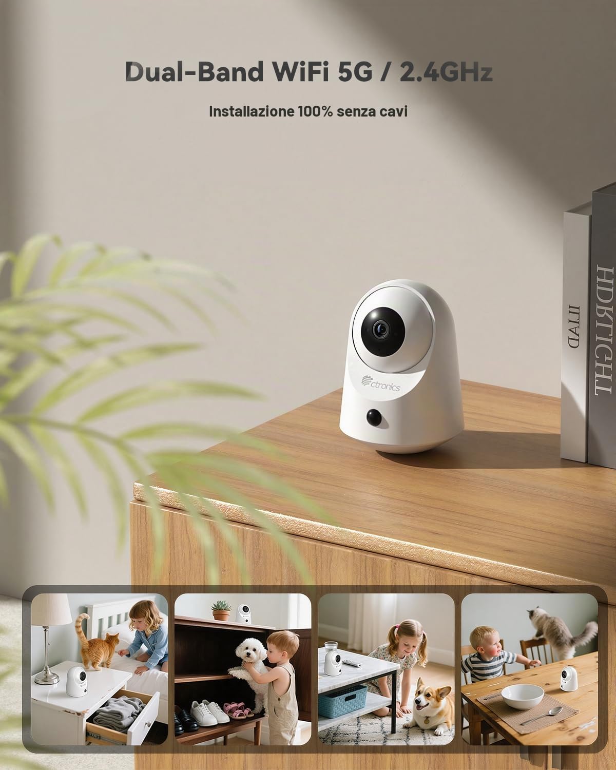 Ctronics 2K Telecamera Interno Senza Fili a Batteria | WiFi 5G/2.4GHz, Visione Notturna IR 20m, 128GB/Cloud, Rilevamento PIR, Audio Bidirezionale, 360° PTZ, Bluetooth