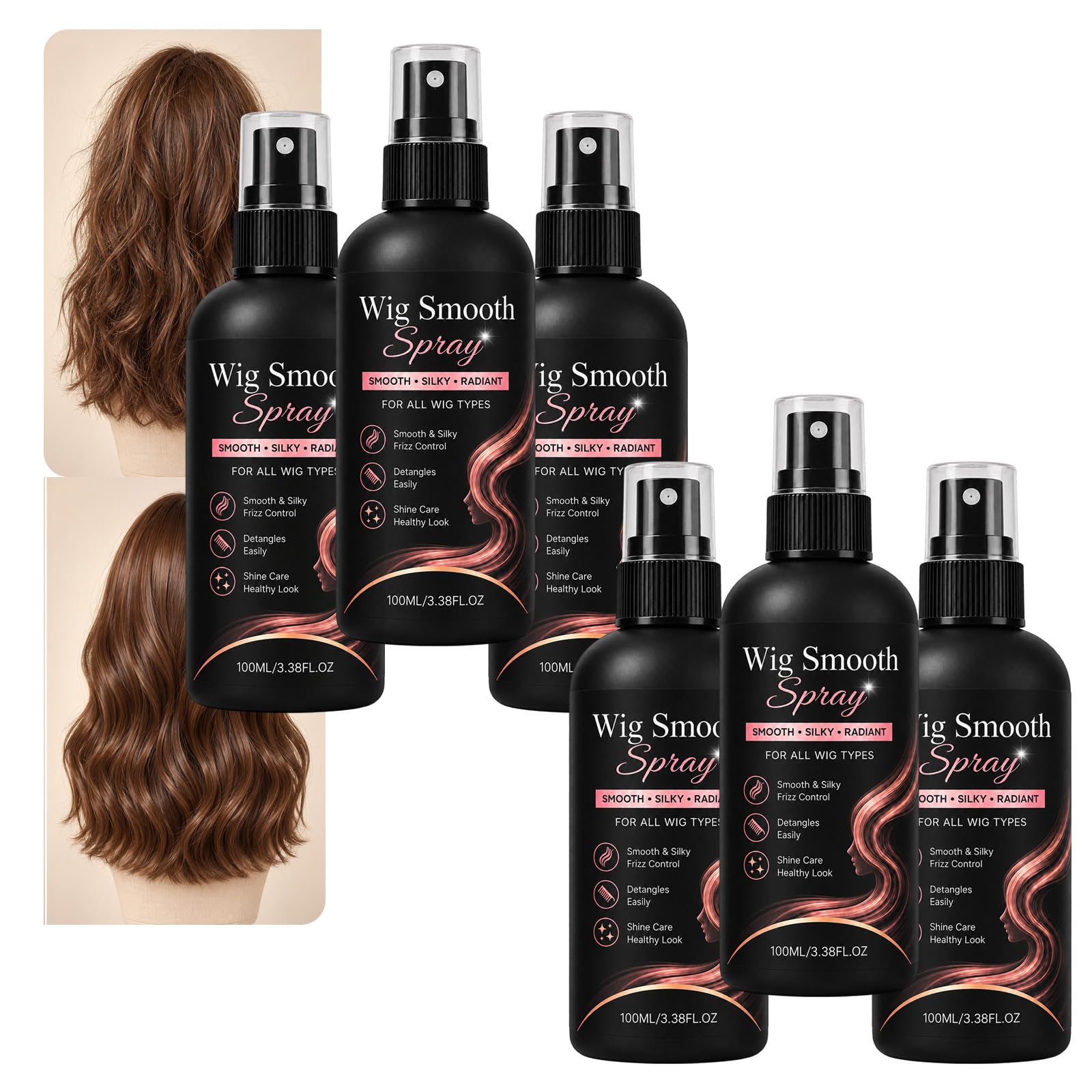Spray Liscio per Capelli Sintetici e Umani, Spray Cura Parrucca Anti-Crespo per Capelli Morbidi Lucidi, Lasciare in Parrucca Condizionante Nebbia su Parrucche Secche Aggrovigliate (6PCS)