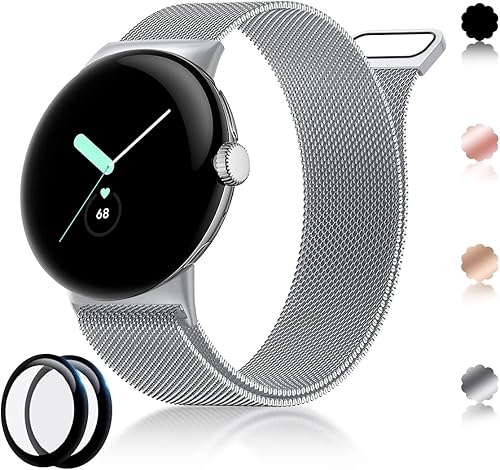 TUNKARMOR Correa de reloj Google Pixel 2022 con 2 protectores de pantalla de reloj cierre magnético ajustable de malla de acero inoxidable