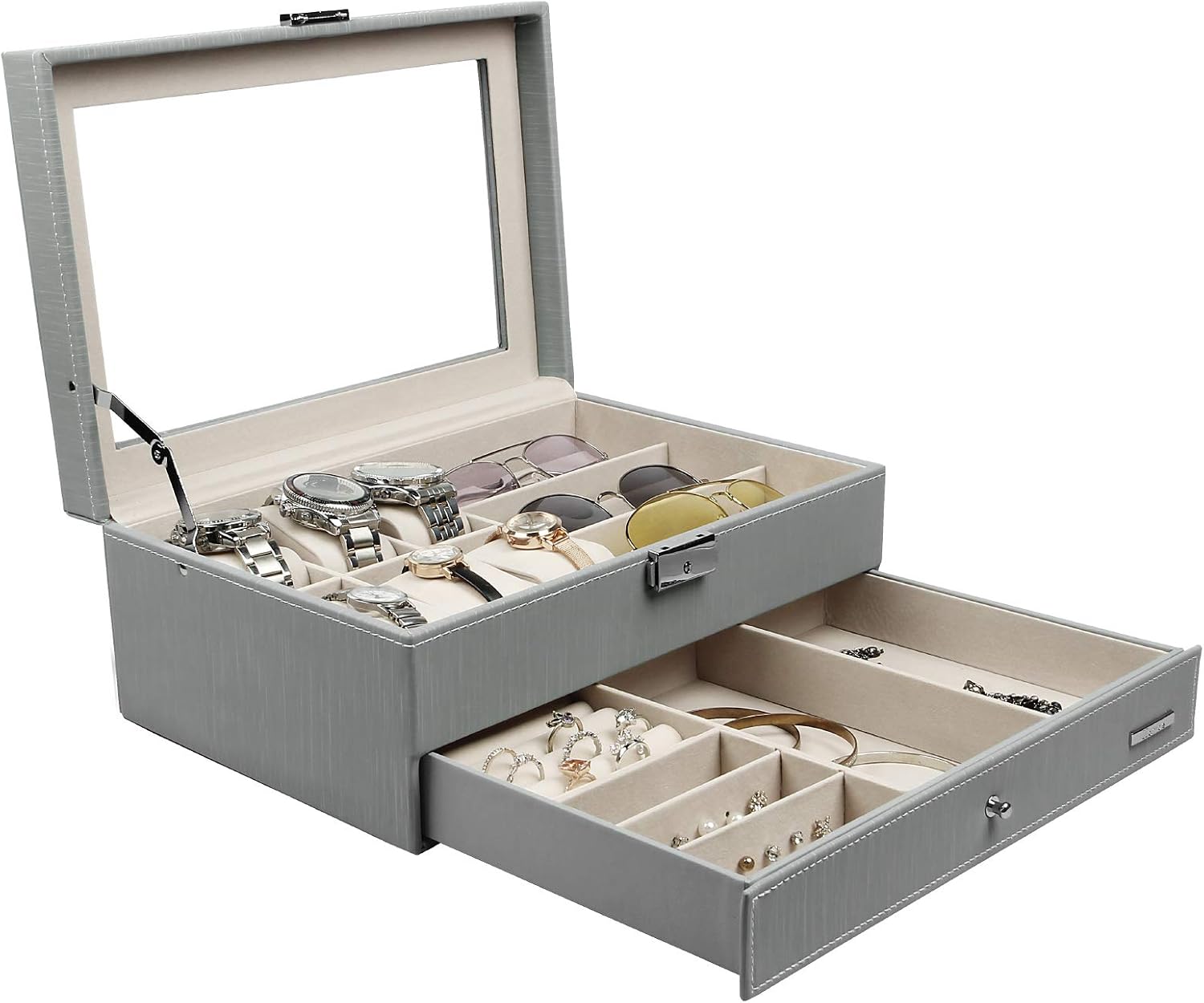 Homde 6 Slots Watch Box Glasses Holder Jewelry Box Gift for Men Women (Gray (Drizzle-Like Grain))