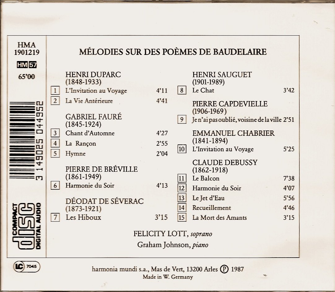 Felicity Lott Graham Johnson Debussy Duparc Melodies Sur Des Poemes De Charles Baudelaire Amazon Com Music