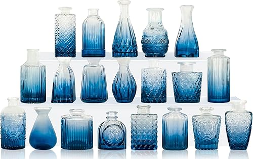 Juego de jarrón de cristal azul, 20 piezas de jarrón pequeño de vidrio para flores, jarrón azul a granel, mini jarrón vintage individual para centro