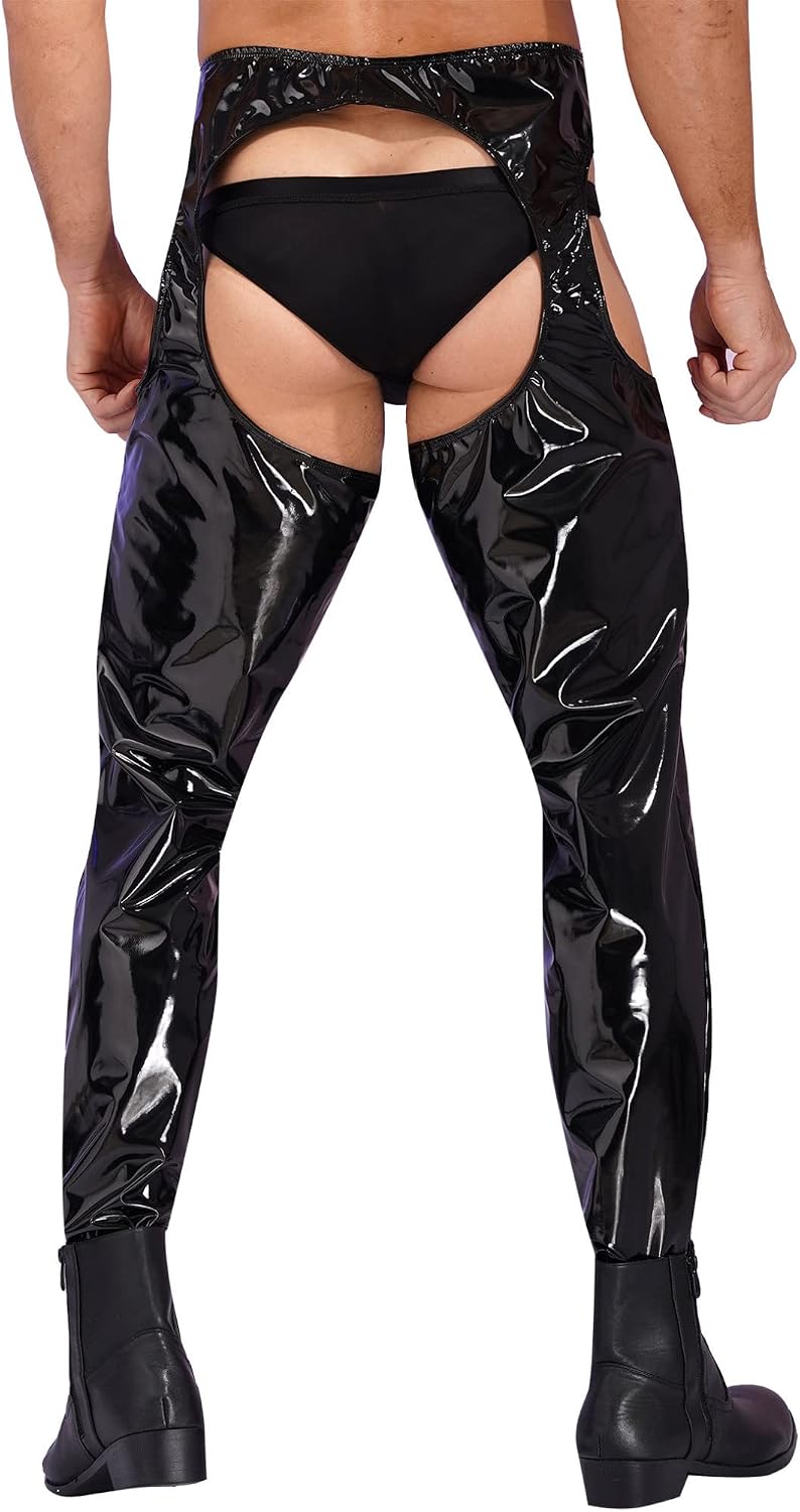 Freebily Men's Shiny Metallic Leather Skinny Pants Stage Club Trousers Crotchless Chaps Leggings